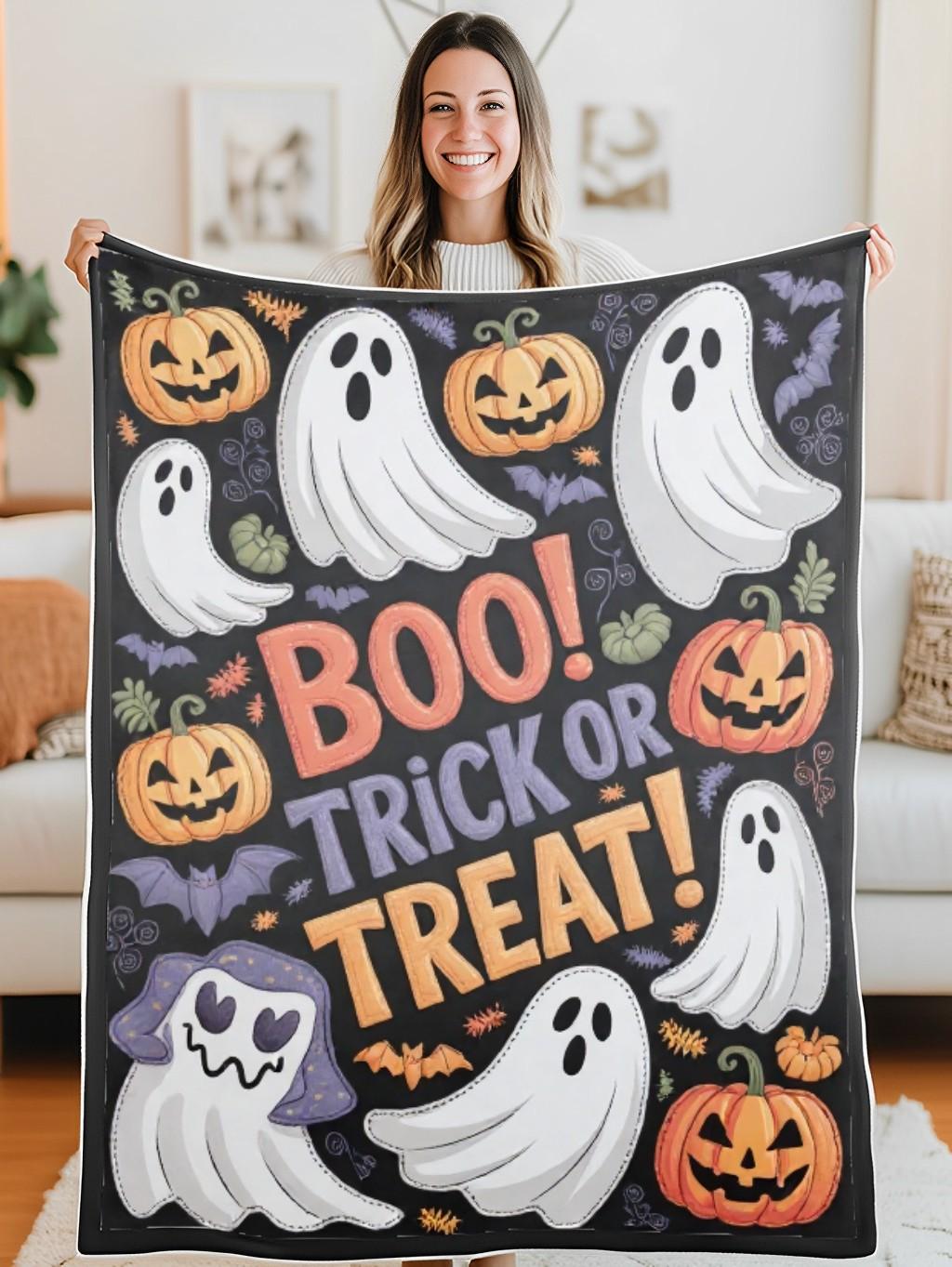Elegant Halloween Quilted Blanket – Spooky Night with Oversized Ghosts, Jack-o’-Lanterns, and Bewitching Bats Outlined with Stitched Textures Perfect for Halloween home, living room, fireplace, and bedroom decor — a cozy, elegant, classy, chic, cute, unique, and aesthetic Halloween throw blanket, ideal for indoor decoration ideas and crafts - Image 5