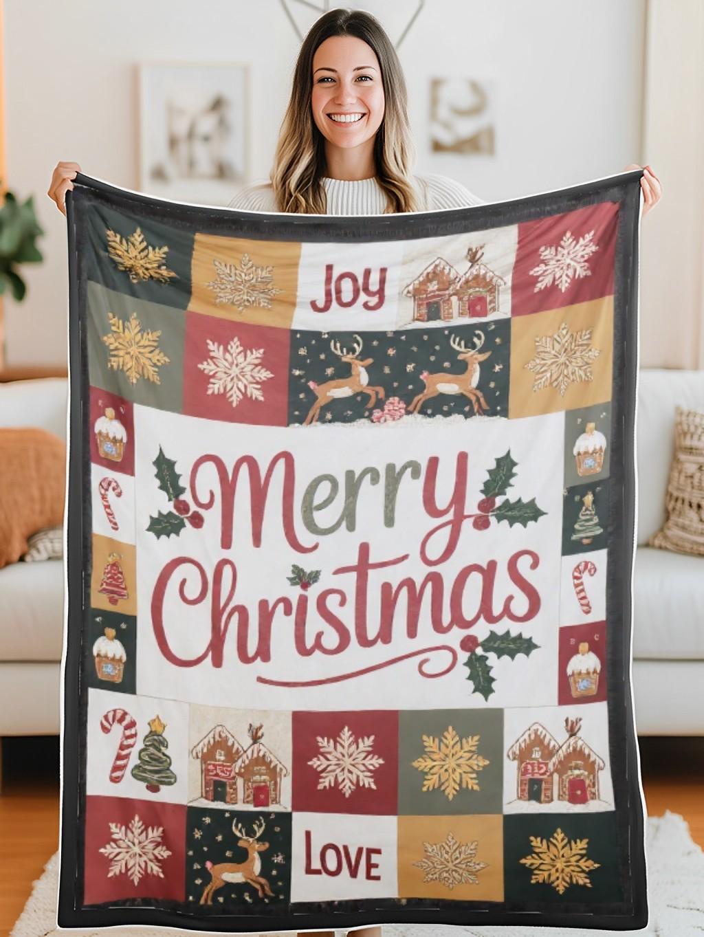 Elegant Christmas Quilted Blanket – Whimsical Snowflakes, Joyful Reindeer, and Oversized Stitched Merry Text – Perfect For Home, Living Room, Fireplace, And Bedroom Decor — Ideal For Indoor Decoration, Gift Ideas And Crafts, Cozy, Elegant, Classy, Chic, Cute, Unique, And Aesthetic Christmas Throw Blanket - Image 5