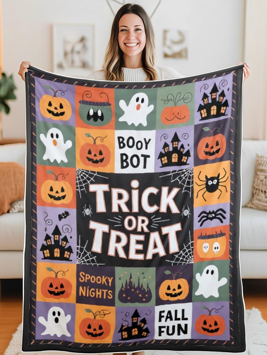 Elegant Halloween Quilted Blanket – Spooky Ghosts, Haunted Houses, Pumpkins, and Oversized Stitched Text Perfect for Halloween home, living room, fireplace, and bedroom decor — a cozy, elegant, classy, chic, cute, unique, and aesthetic Halloween throw blanket, ideal for indoor decoration ideas and crafts - Image 5