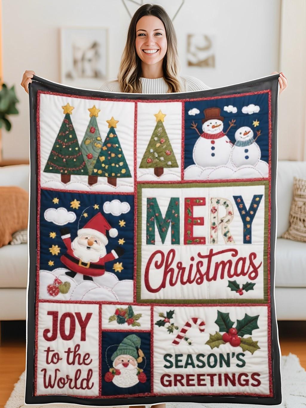 Elegant Christmas Quilted Blanket – Whimsical Christmas Trees, Joyful Snowmen, and Bold 'Merry Christmas' Appliqué – Perfect For Home, Living Room, Fireplace, And Bedroom Decor — Ideal For Indoor Decoration, Gift Ideas And Crafts, Cozy, Elegant, Classy, Chic, Cute, Unique, And Aesthetic Christmas Throw Blanket - Image 5