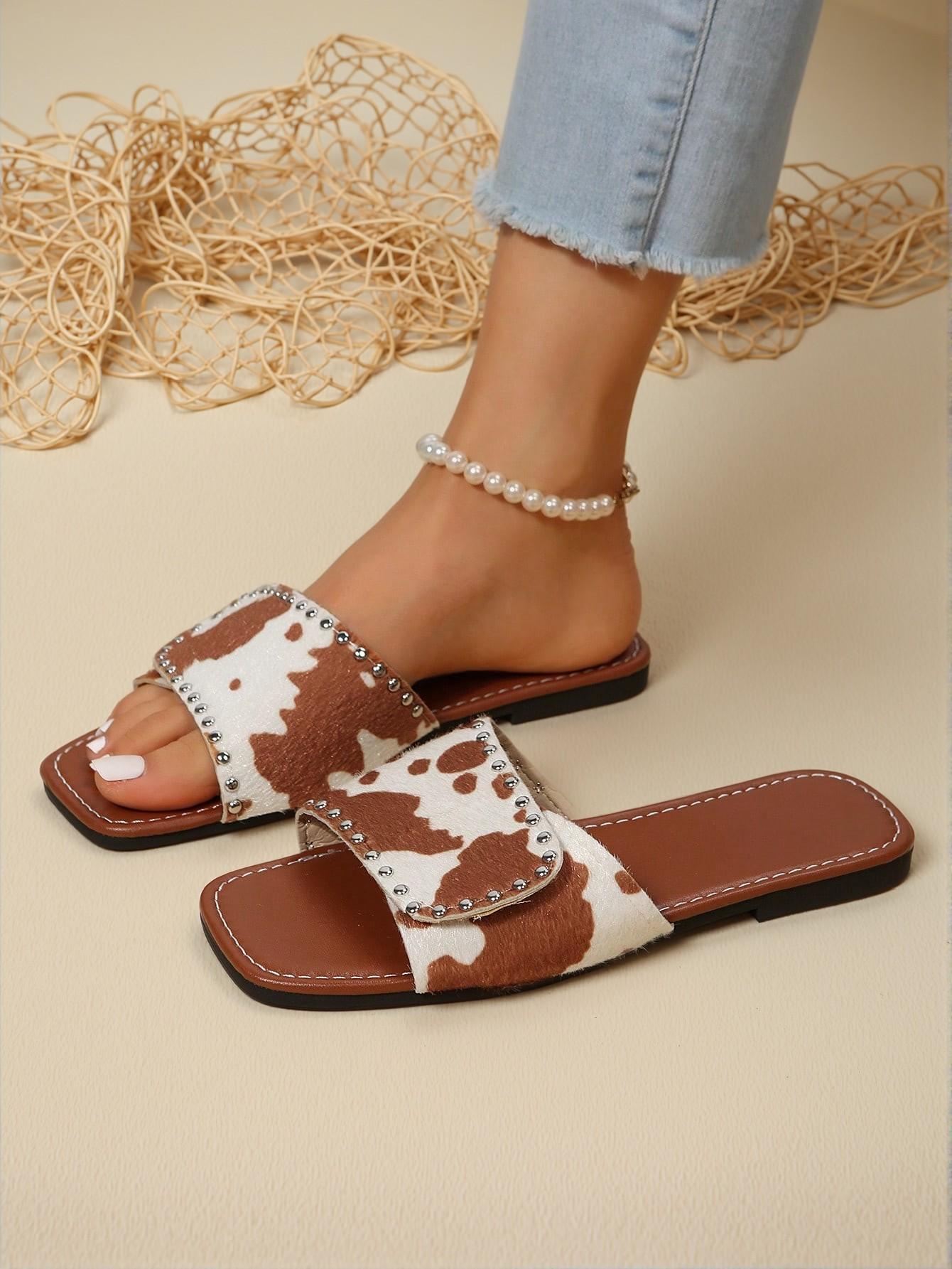 Elegant Multicolor Women Flat Sandals Featuring Stylish Cow Pattern with Studded Decor and Fashionable Velvet Design, Cute, Comfortable, Aesthetic, Classy, Trendy, Casual, Chic, Stylish, Luxury Sandals For Summer, Beach, Vacation And Spring - Image 2