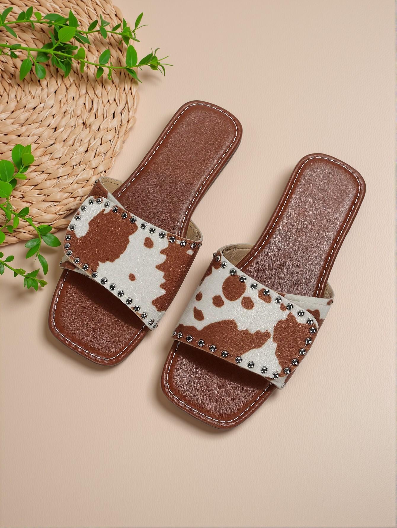 Elegant Multicolor Women Flat Sandals Featuring Stylish Cow Pattern with Studded Decor and Fashionable Velvet Design, Cute, Comfortable, Aesthetic, Classy, Trendy, Casual, Chic, Stylish, Luxury Sandals For Summer, Beach, Vacation And Spring - Image 5
