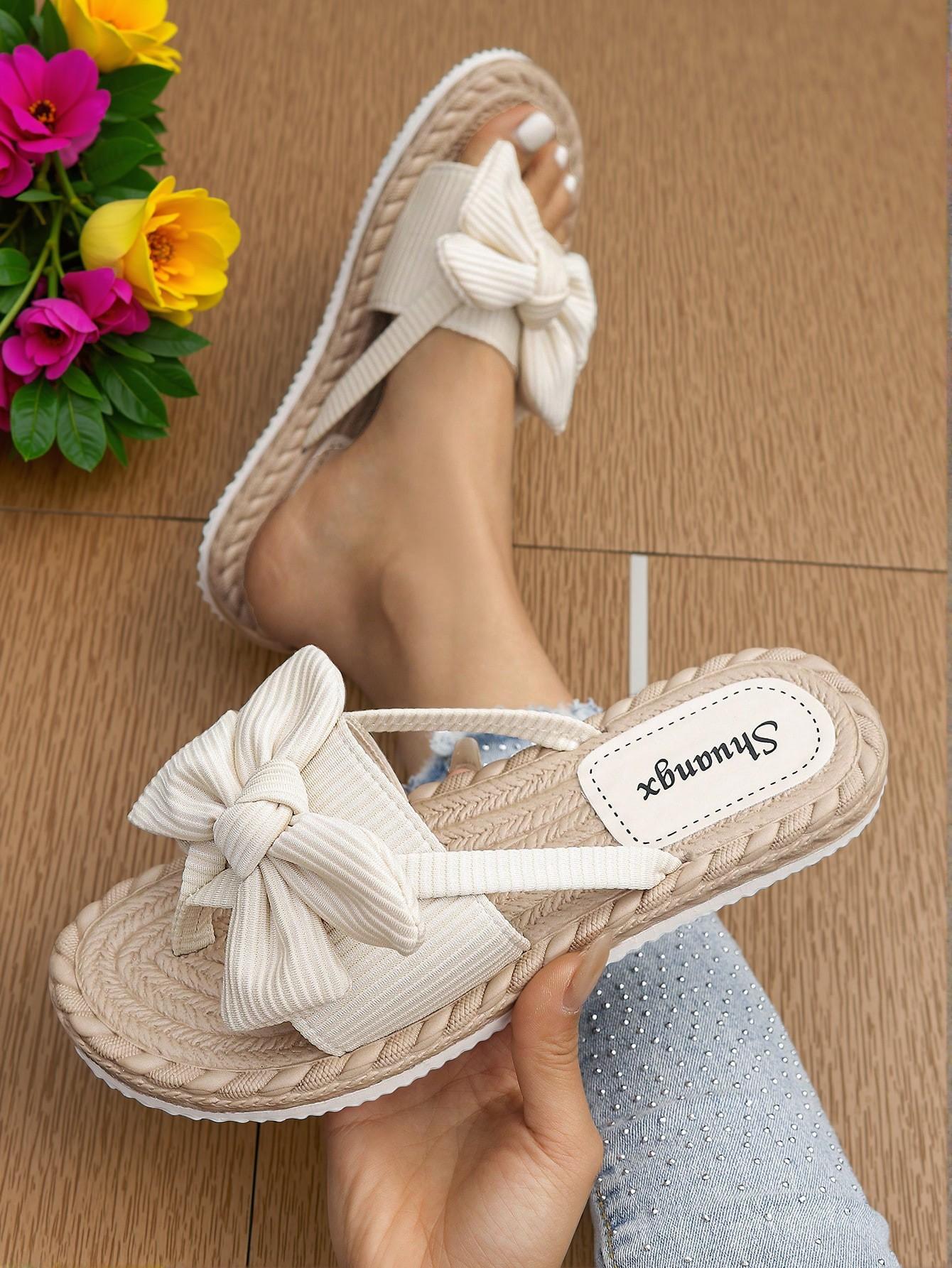 Elegant Beige Women Flat Sandals, Stylish Bow-Decor Slip-On Summer Slides, Lightweight Beach Slippers, Non-Slip Casual Flip Flops - Cute, Comfortable, Aesthetic, Classy, Trendy, Chic, Stylish, Luxury Sandals For Summer, Beach, Vacation And Spring