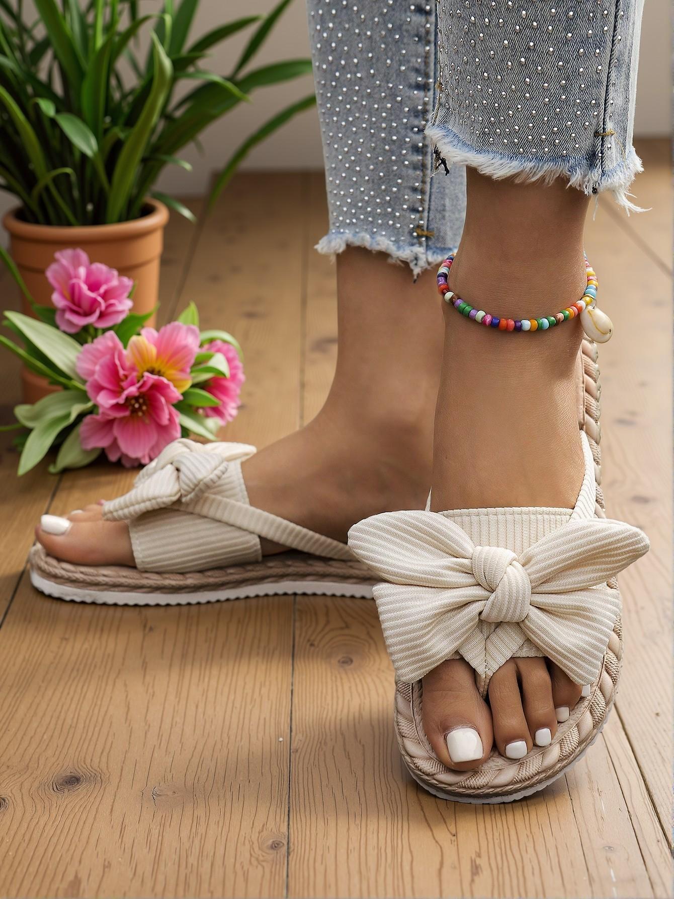 Elegant Beige Women Flat Sandals, Stylish Bow-Decor Slip-On Summer Slides, Lightweight Beach Slippers, Non-Slip Casual Flip Flops - Cute, Comfortable, Aesthetic, Classy, Trendy, Chic, Stylish, Luxury Sandals For Summer, Beach, Vacation And Spring - Image 4