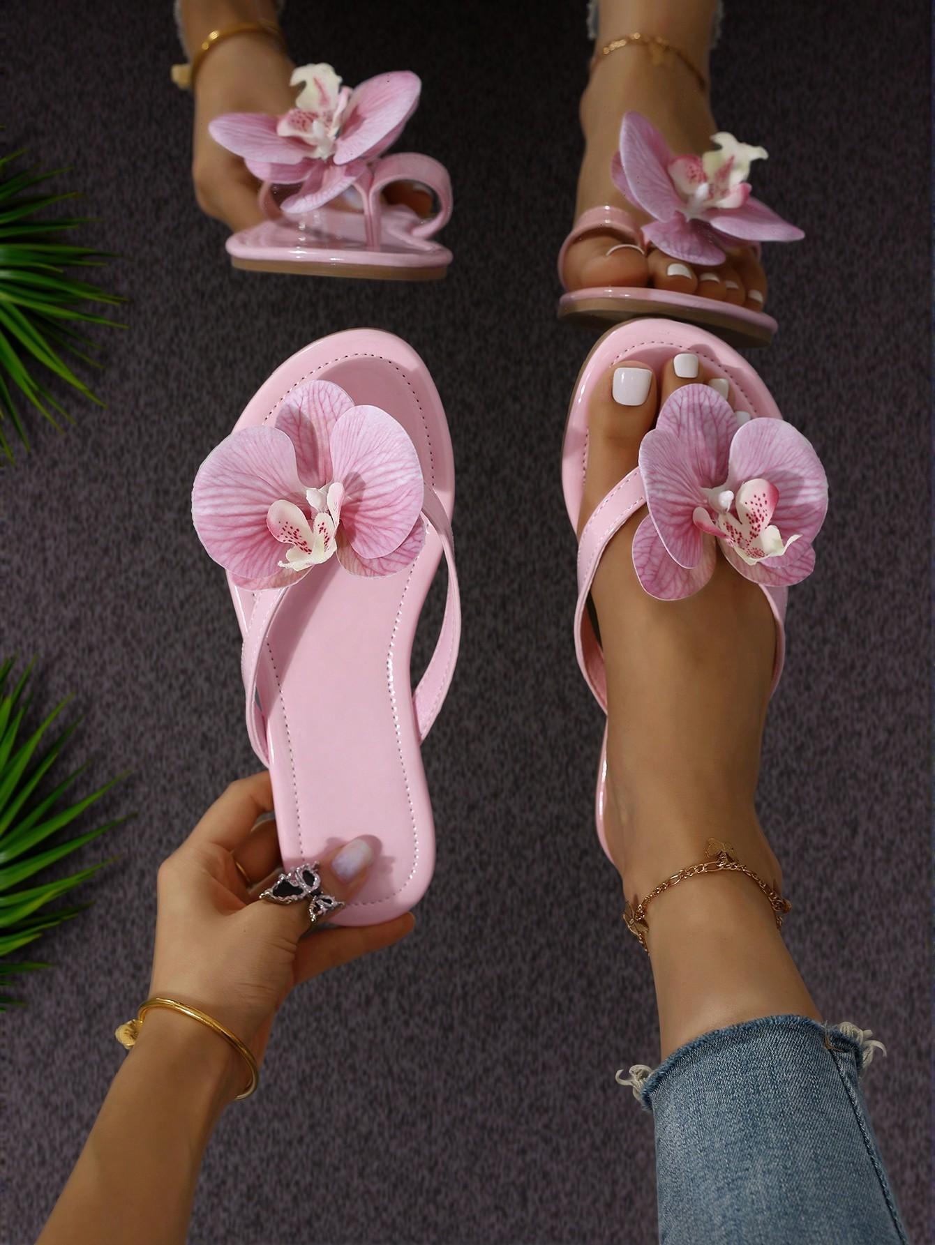 Elegant Pink Women Flat Sandals Featuring 2pcs/Set Flower Design, Trendy 2025 Summer Casual Slippers for Comfortable Holidays, Plus Size Options Available - Cute, Comfortable, Aesthetic, Classy, Trendy, Casual, Chic, Stylish, Luxury Sandals For Summer, Beach, Vacation And Spring