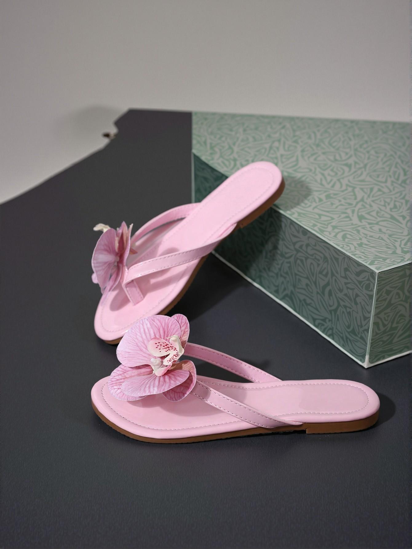 Elegant Pink Women Flat Sandals Featuring 2pcs/Set Flower Design, Trendy 2025 Summer Casual Slippers for Comfortable Holidays, Plus Size Options Available - Cute, Comfortable, Aesthetic, Classy, Trendy, Casual, Chic, Stylish, Luxury Sandals For Summer, Beach, Vacation And Spring - Image 2