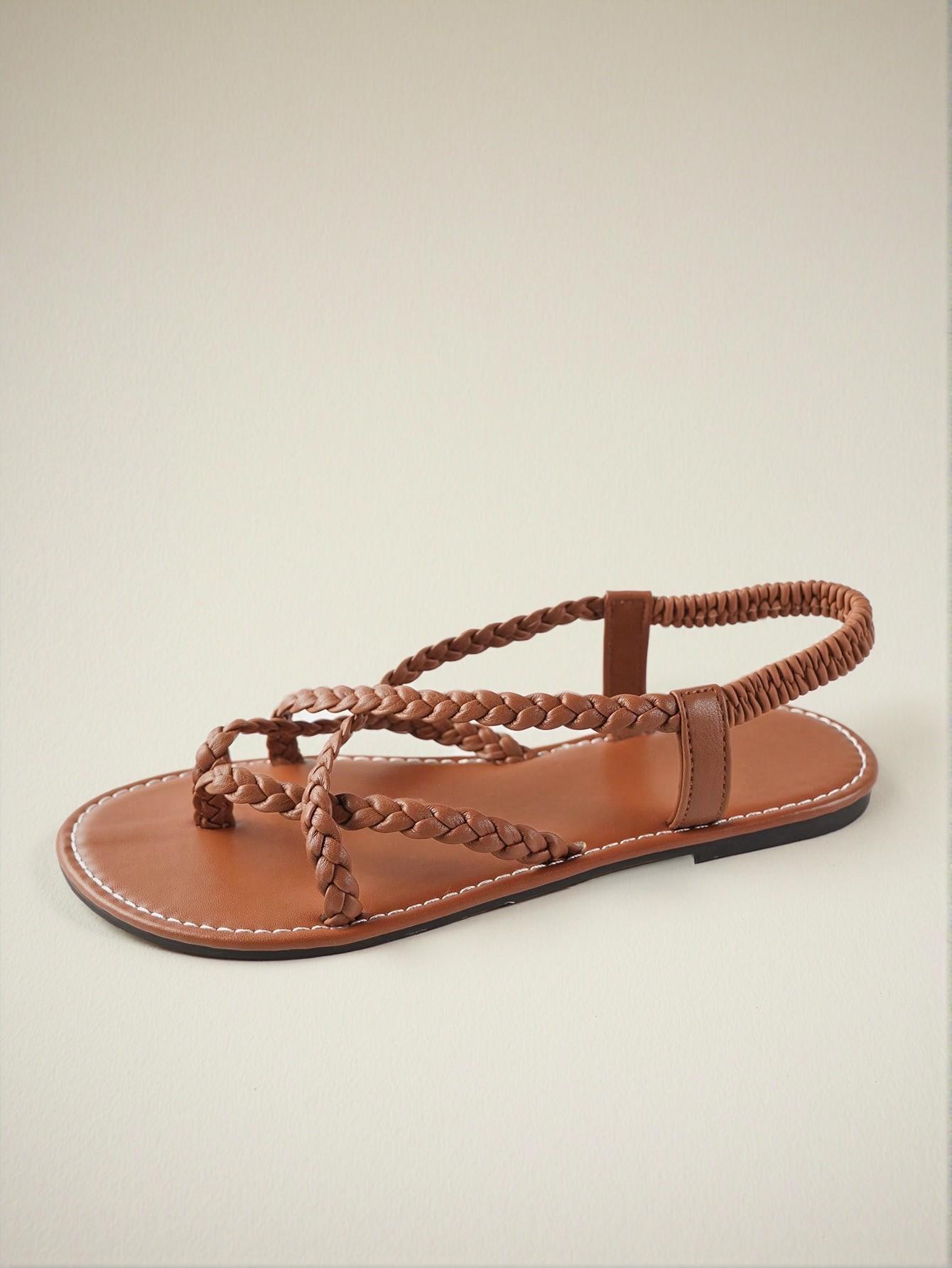 Elegant Brown Women Flat Sandals Featuring Comfortable Slip-On Peep Toe Design with Criss-Cross Straps for Versatile Indoor and Outdoor Use, Perfect for Beach and Vacation Outings. Cute, Comfortable, Aesthetic, Classy, Trendy, Casual, Chic, Stylish, Luxury Sandals For Summer, Beach, Vacation And Spring. - Image 3