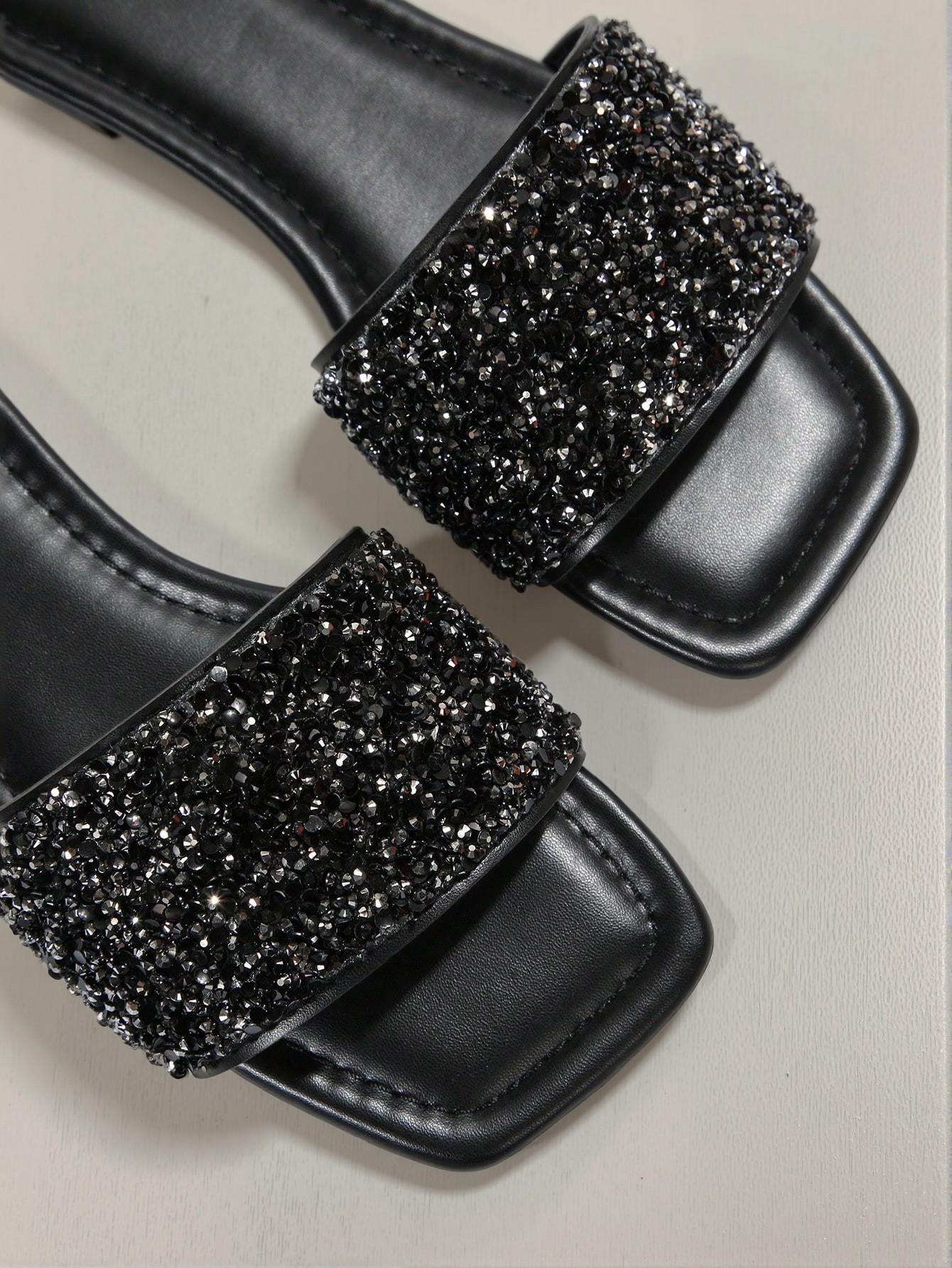 Elegant Black Women Flat Sandals "Chic Plus Size Open Toe Rhinestone Decor Slides, Perfect for Casual Outdoor Wear" Cute, Comfortable, Aesthetic, Classy, Trendy, Casual, Chic, Stylish, Luxury Sandals For Summer, Beach, Vacation And Spring - Image 3