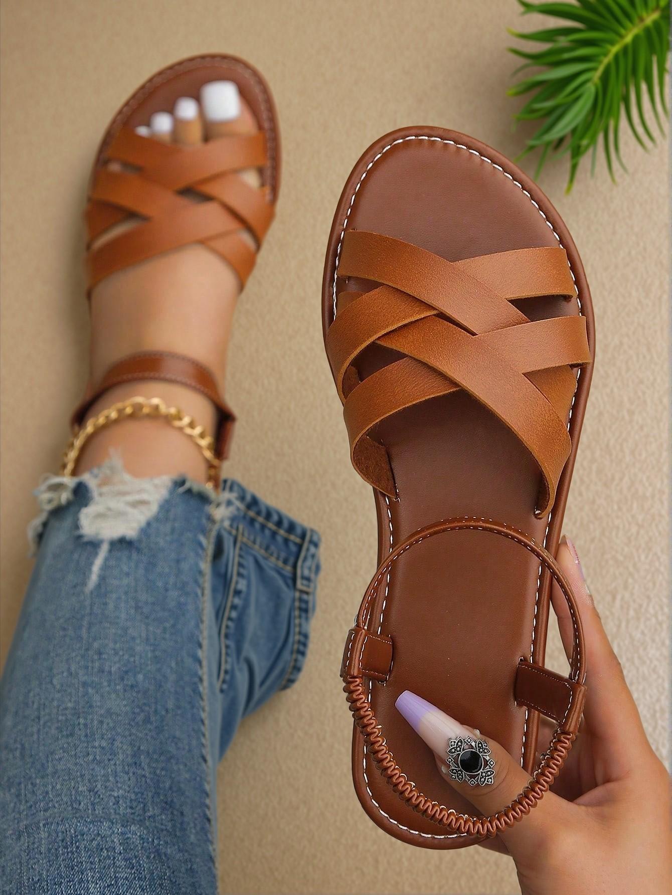 Elegant Brown Women Flat Sandals Chic Cross Band Heeled Design with Ankle Straps - Cute, Comfortable, Aesthetic, Classy, Trendy, Casual, Stylish, Luxury Sandals For Summer, Beach, Vacation And Spring