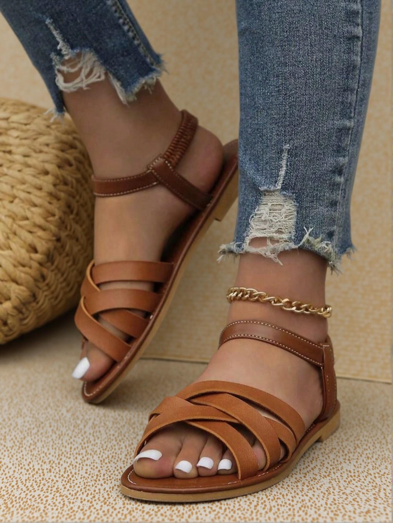 Elegant Brown Women Flat Sandals Chic Cross Band Heeled Design with Ankle Straps - Cute, Comfortable, Aesthetic, Classy, Trendy, Casual, Stylish, Luxury Sandals For Summer, Beach, Vacation And Spring - Image 3