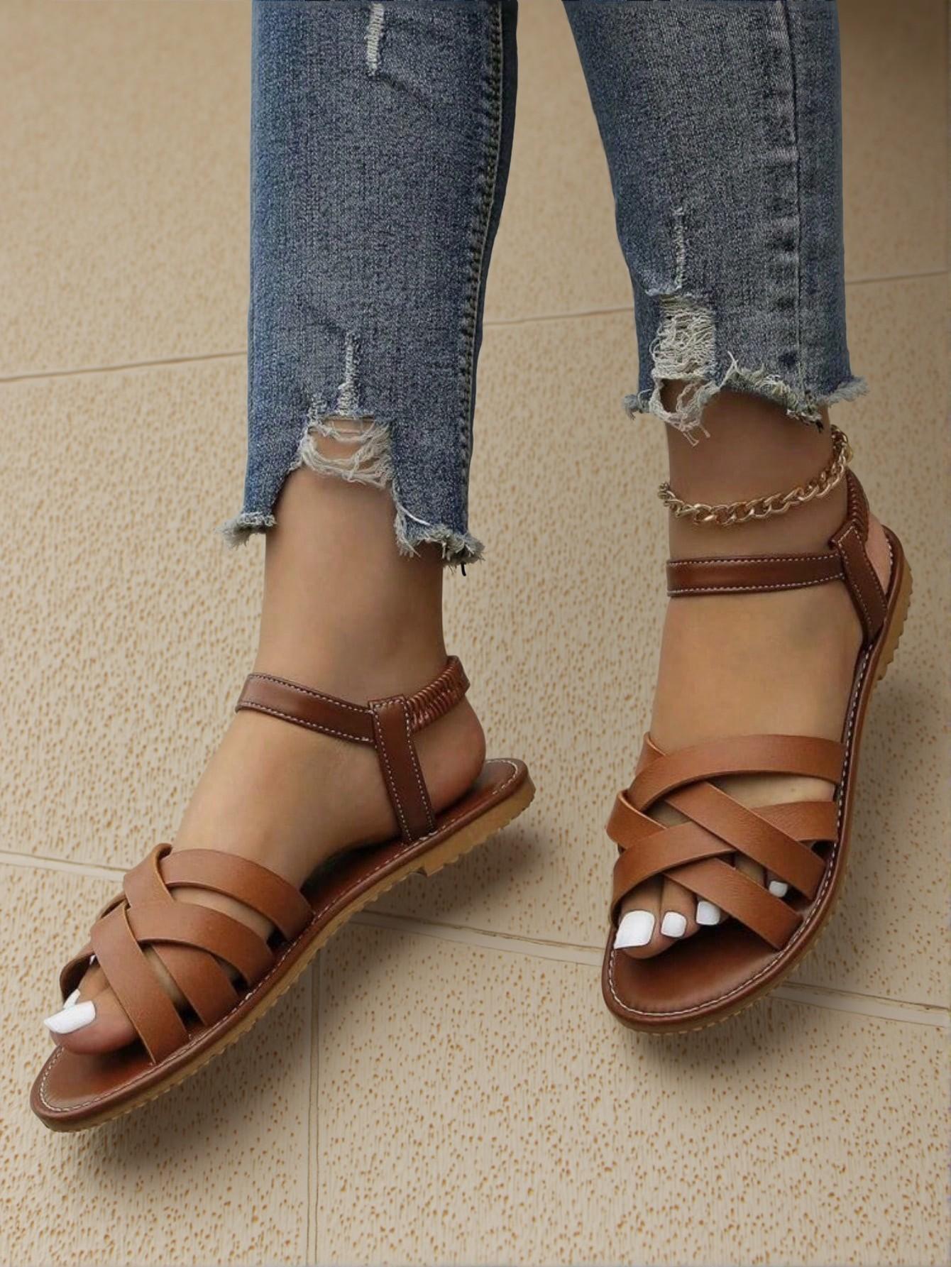 Elegant Brown Women Flat Sandals Chic Cross Band Heeled Design with Ankle Straps - Cute, Comfortable, Aesthetic, Classy, Trendy, Casual, Stylish, Luxury Sandals For Summer, Beach, Vacation And Spring - Image 4