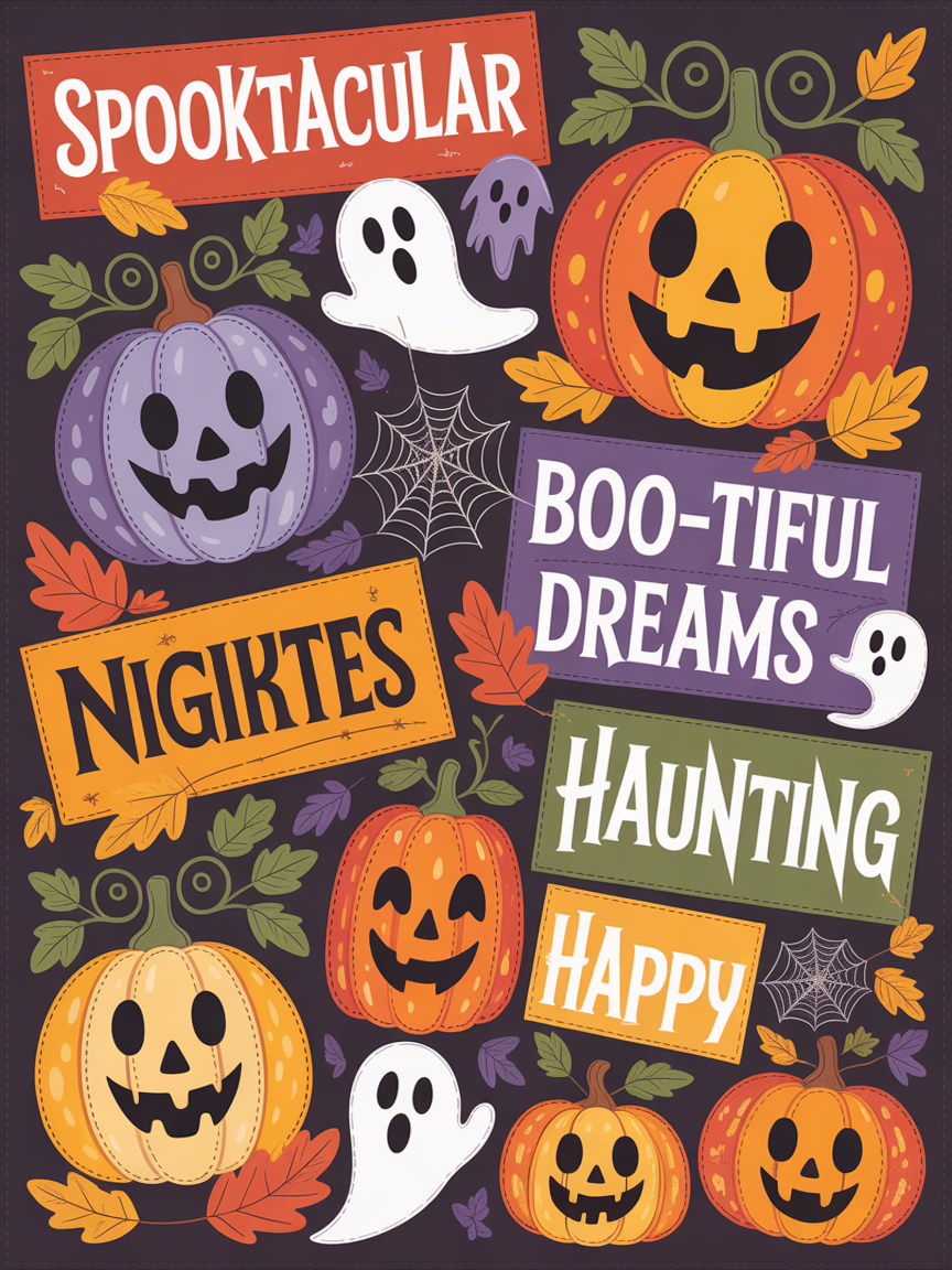 Elegant Halloween Quilted Blanket – Whimsical Pumpkins, Spooky Ghosts, and Bold Spiders with Stitched Text Banners – Perfect for Halloween home, living room, fireplace, and bedroom decor — a cozy, elegant, classy, chic, cute, unique, and aesthetic Halloween throw blanket, ideal for indoor decoration ideas and crafts - Image 2