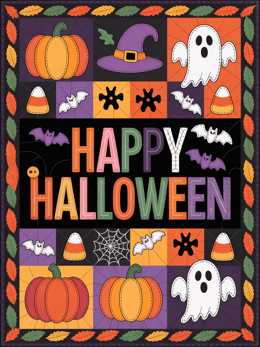 Elegant Halloween Quilted Blanket – Whimsical Pumpkins, Spooky Ghosts, and Festive Bats with Bold 'Happy Halloween' Appliqué – Perfect for Halloween home, living room, fireplace, and bedroom decor — a cozy, elegant, classy, chic, cute, unique, and aesthetic Halloween throw blanket, ideal for indoor decoration ideas and crafts - Image 2