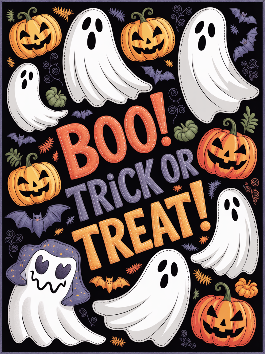 Elegant Halloween Quilted Blanket – Spooky Night with Oversized Ghosts, Jack-o’-Lanterns, and Bewitching Bats Outlined with Stitched Textures Perfect for Halloween home, living room, fireplace, and bedroom decor — a cozy, elegant, classy, chic, cute, unique, and aesthetic Halloween throw blanket, ideal for indoor decoration ideas and crafts - Image 2