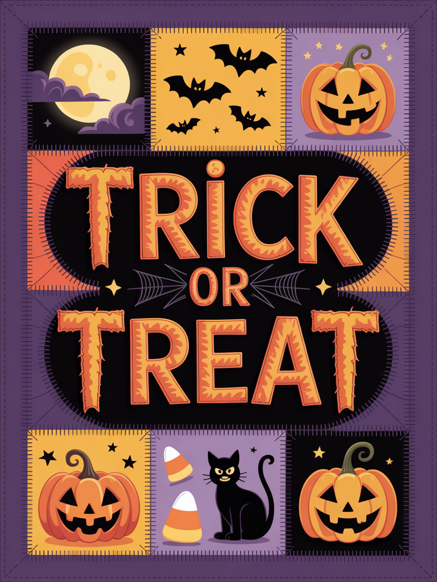 Elegant Halloween Quilted Blanket – Spooky Full Moon, Whimsical Jack-o’-Lanterns, Ghostly Bats, and Bold 'Trick or Treat' Appliqué – Perfect for Halloween home, living room, fireplace, and bedroom decor — a cozy, elegant, classy, chic, cute, unique, and aesthetic Halloween throw blanket, ideal for indoor decoration ideas and crafts - Image 2