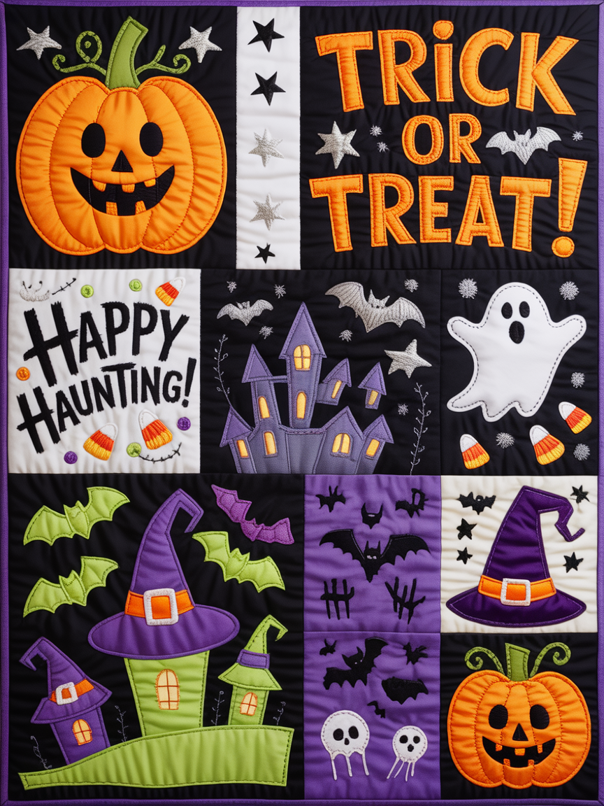 Elegant Halloween Quilted Blanket – Spooky Pumpkins, Ghostly Fabrics, and Whimsical Witch Hats in a Cozy Quilted Design Perfect for Halloween home, living room, fireplace, and bedroom decor — a cozy, elegant, classy, chic, cute, unique, and aesthetic Halloween throw blanket, ideal for indoor decoration ideas and crafts - Image 2