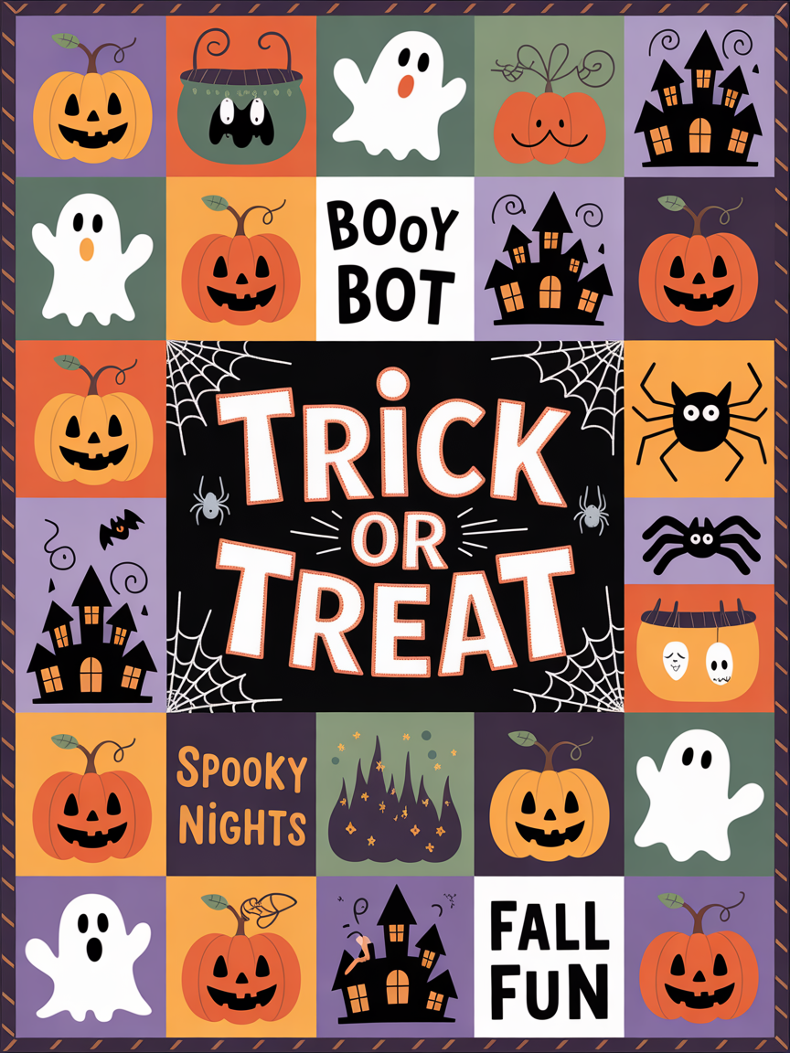 Elegant Halloween Quilted Blanket – Spooky Ghosts, Haunted Houses, Pumpkins, and Oversized Stitched Text Perfect for Halloween home, living room, fireplace, and bedroom decor — a cozy, elegant, classy, chic, cute, unique, and aesthetic Halloween throw blanket, ideal for indoor decoration ideas and crafts - Image 2