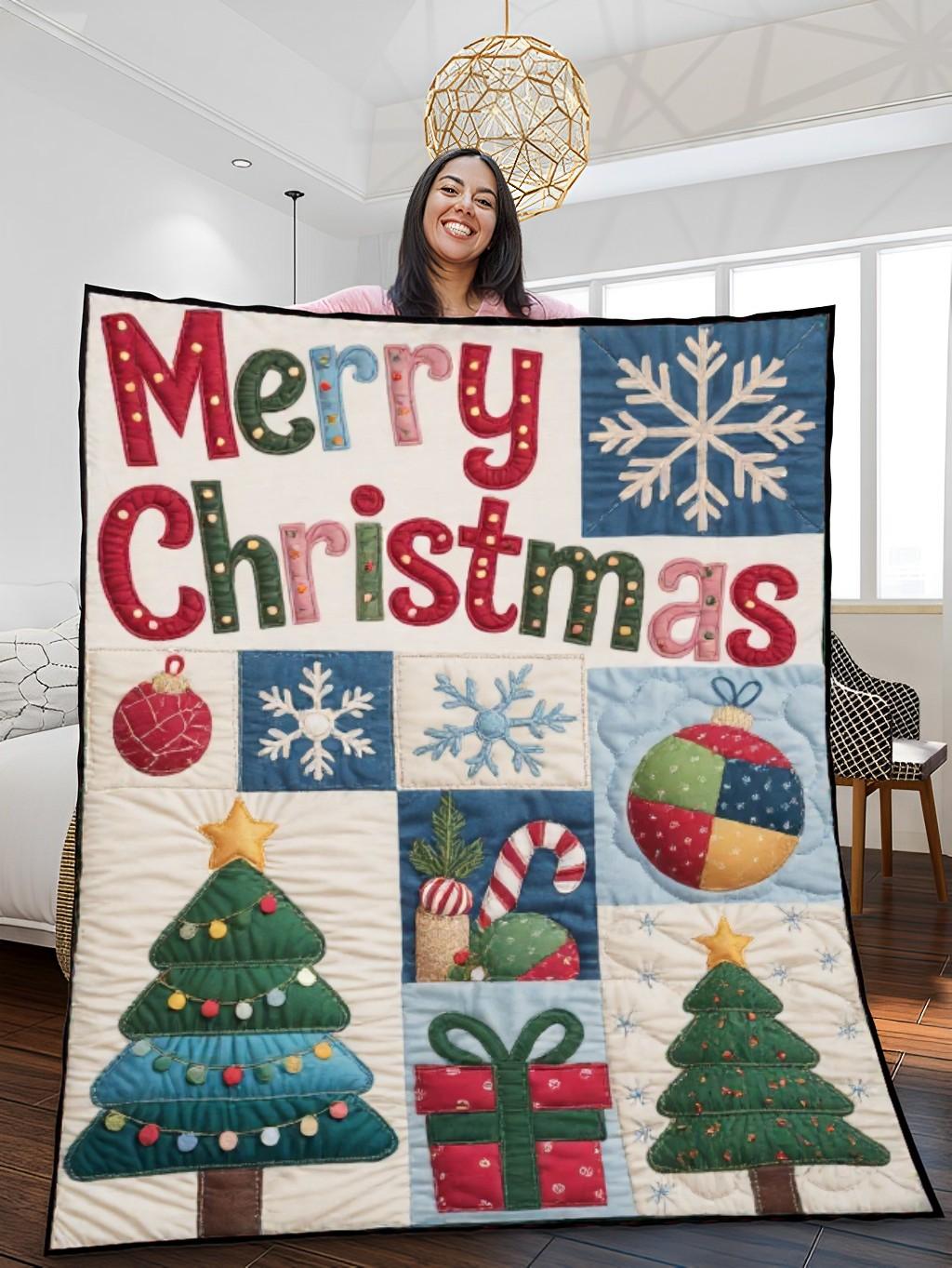 Elegant Christmas Quilted Blanket – Cozy Snowflakes, Festive Ornaments, Oversized Merry Christmas Text, Patchwork Trees, and Candy Canes — Perfect For Home, Living Room, Fireplace, And Bedroom Decor — Ideal For Indoor Decoration, Gift Ideas And Crafts, Cozy, Elegant, Classy, Chic, Cute, Unique, And Aesthetic Christmas Throw Blanket