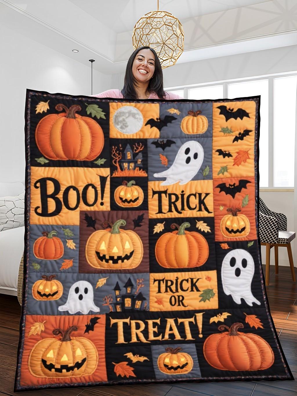 Elegant Halloween Quilted Blanket – Spooky Ghosts, Vibrant Pumpkins, and Bewitched Bats with Oversized Stitched Text — Perfect For Home, Living Room, Fireplace, And Bedroom Decor — Ideal For Indoor Decoration, Gift Ideas And Crafts, Cozy, Elegant, Classy, Chic, Cute, Unique, And Aesthetic Halloween Throw Blanket