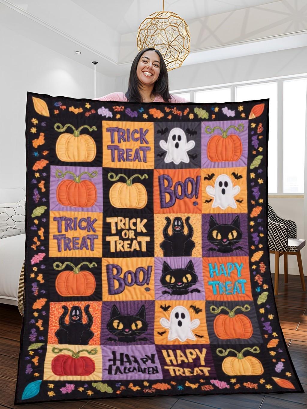 Elegant Halloween Quilted Blanket – Whimsical Pumpkins, Spooky Ghosts, and Bold 'Trick or Treat' Text Design Perfect For Home, Living Room, Fireplace, And Bedroom Decor — Ideal For Indoor Decoration, Gift Ideas And Crafts, Cozy, Elegant, Classy, Chic, Cute, Unique, And Aesthetic Halloween Throw Blanket