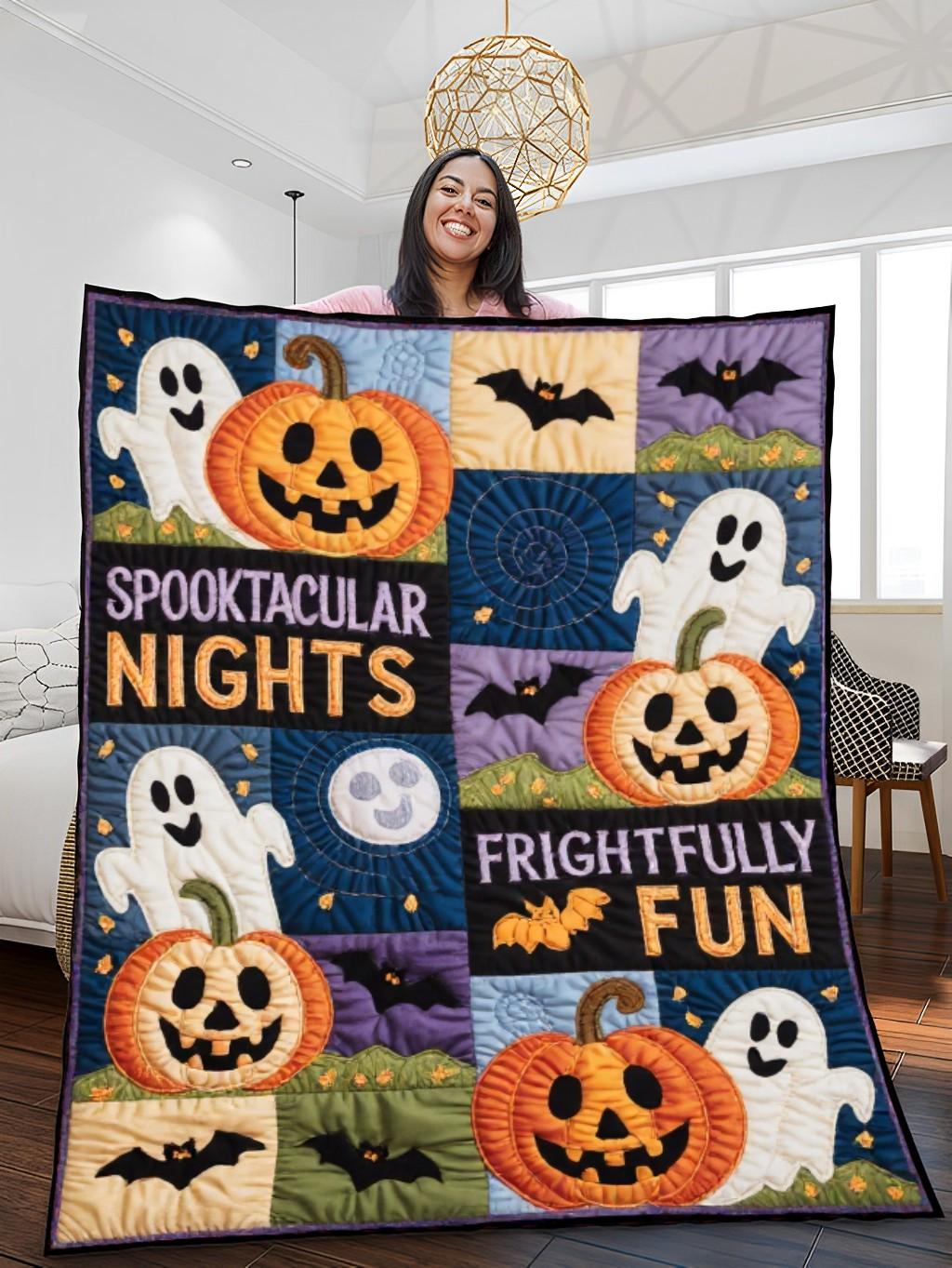 Elegant Halloween Quilted Blanket – Whimsical Pumpkins, Spooky Ghosts, and Moonlit Night Skies with Bold Stitched Text – Perfect For Home, Living Room, Fireplace, And Bedroom Decor — Ideal For Indoor Decoration, Gift Ideas And Crafts, Cozy, Elegant, Classy, Chic, Cute, Unique, And Aesthetic Halloween Throw Blanket