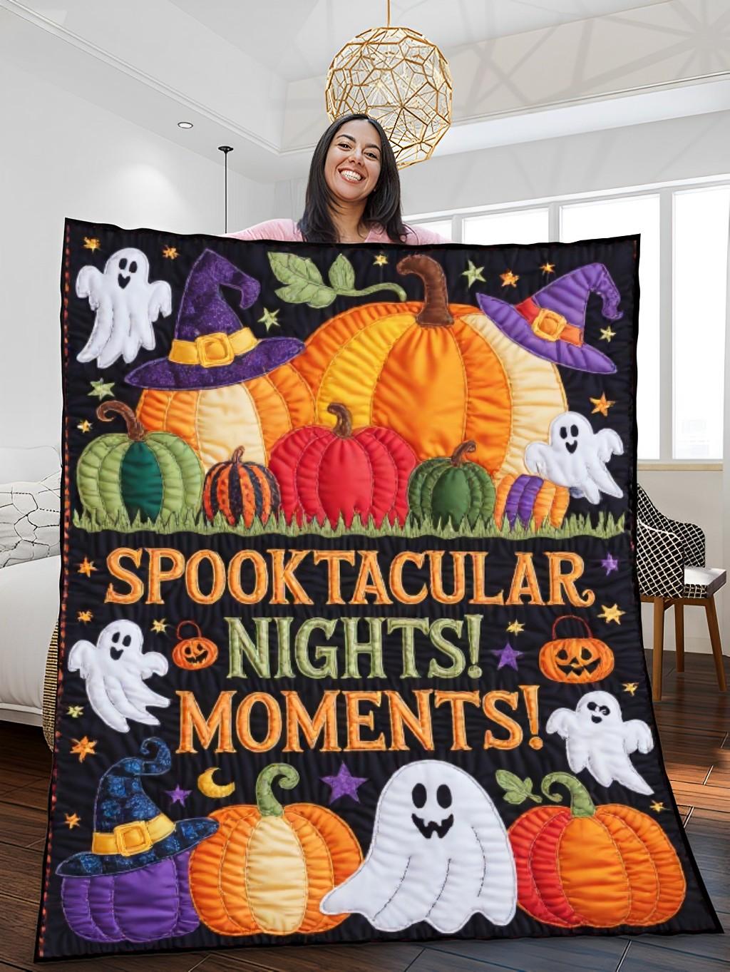 Elegant Halloween Quilted Blanket – Whimsical Witch Hats, Playful Pumpkins, and Ghostly Greetings with Bold Stitched Text – Perfect For Home, Living Room, Fireplace, And Bedroom Decor — Ideal For Indoor Decoration, Gift Ideas And Crafts, Cozy, Elegant, Classy, Chic, Cute, Unique, And Aesthetic Halloween Throw Blanket