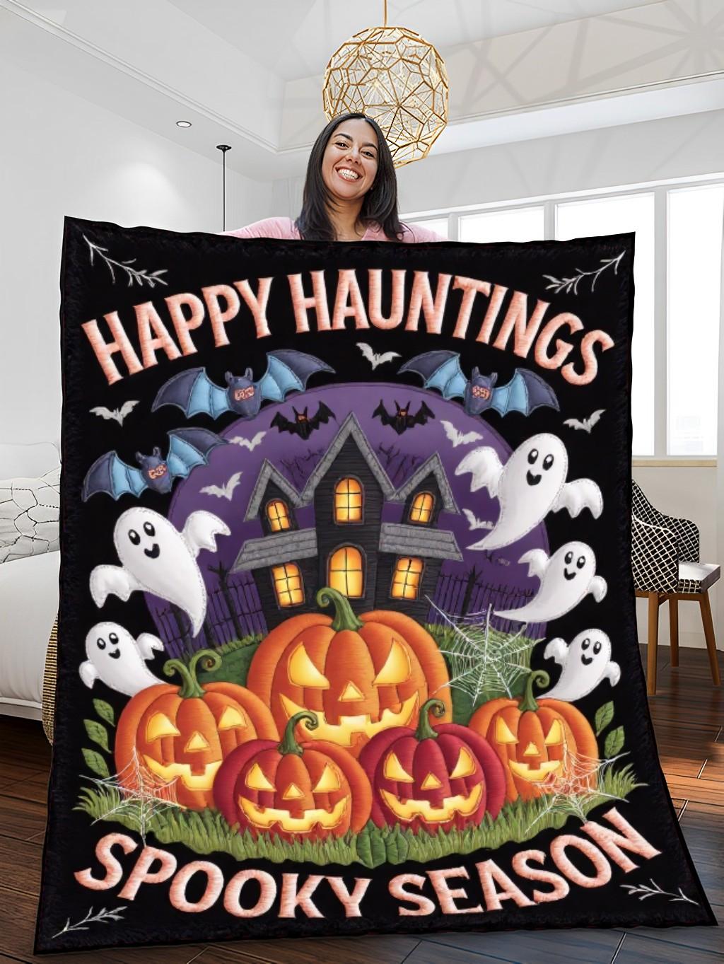 Elegant Halloween Quilted Blanket – Spooky Pumpkin Patch, Enchanting Bats, Haunted House Silhouette, and Whimsical Ghosts with Stitched Text – Perfect For Home, Living Room, Fireplace, And Bedroom Decor — Ideal For Indoor Decoration, Gift Ideas And Crafts, Cozy, Elegant, Classy, Chic, Cute, Unique, And Aesthetic Halloween Throw Blanket