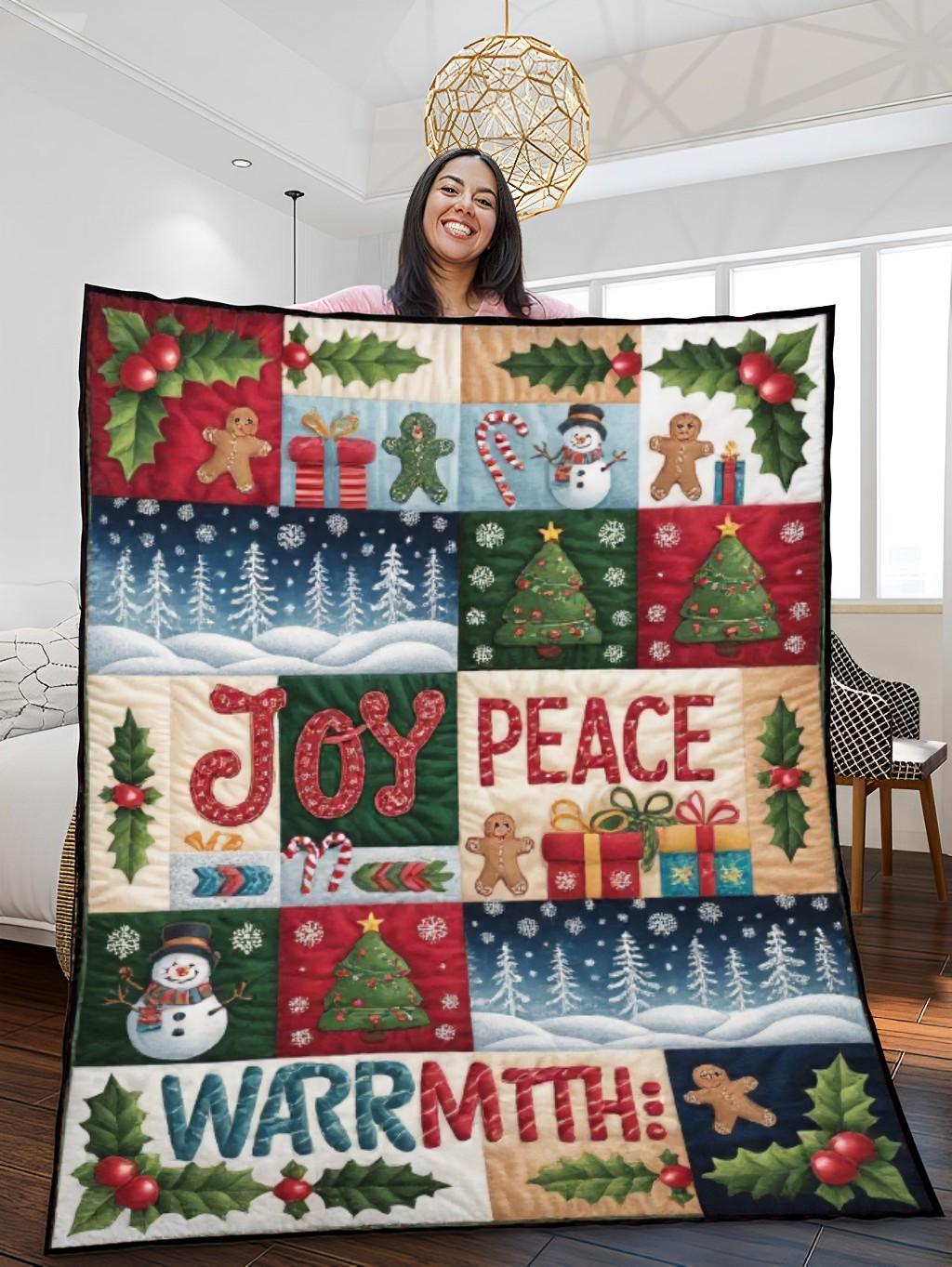 Elegant Christmas Quilted Blanket – Cozy Winter Wonderland with Oversized Stitched Text, Festive Ornaments, Holiday Trees, and Snowflakes Perfect For Home, Living Room, Fireplace, And Bedroom Decor — Ideal For Indoor Decoration, Gift Ideas And Crafts, Cozy, Elegant, Classy, Chic, Cute, Unique, And Aesthetic Christmas Throw Blanket