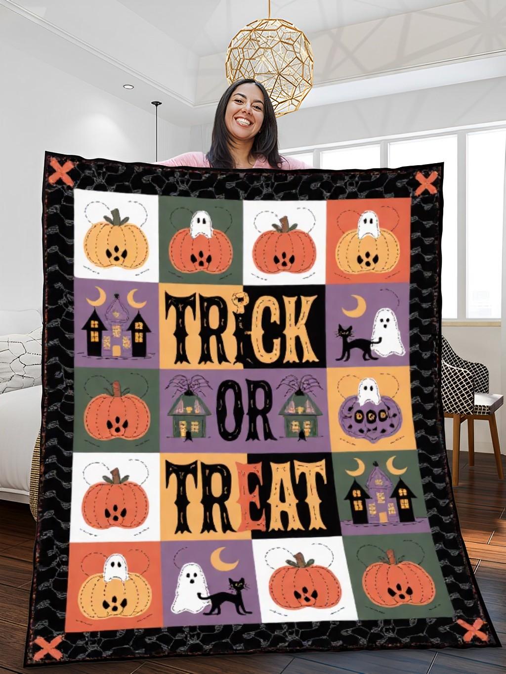 Elegant Halloween Quilted Blanket – Whimsical Ghosts, Exuberant Pumpkins, Spooky Black Cats, and Oversized 'Trick or Treat' Appliqué Design – Perfect For Home, Living Room, Fireplace, And Bedroom Decor — Ideal For Indoor Decoration, Gift Ideas And Crafts, Cozy, Elegant, Classy, Chic, Cute, Unique, And Aesthetic Halloween Throw Blanket