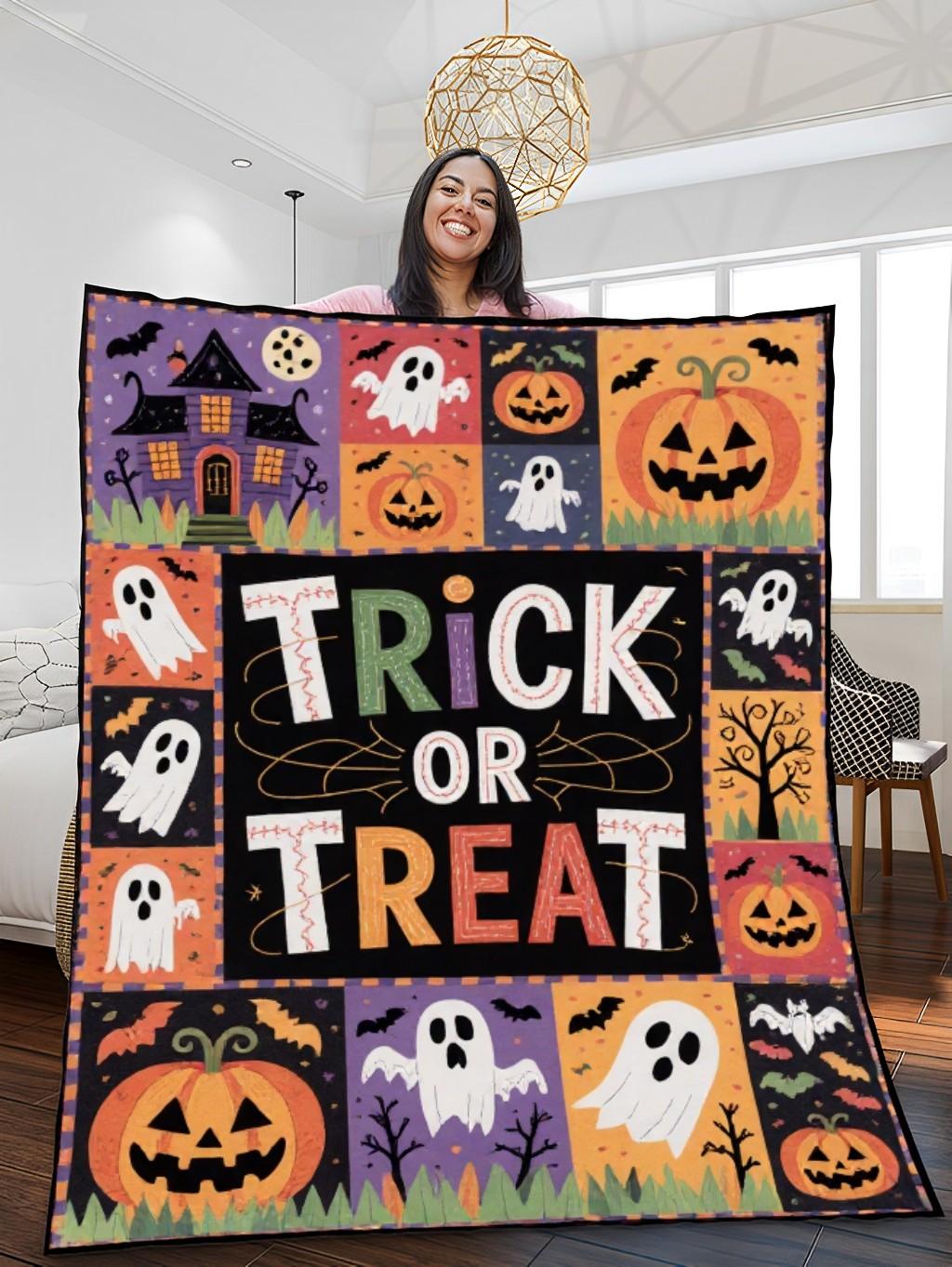 Elegant Halloween Quilted Blanket – Spooky Pumpkins, Ghostly Figures, and Whimsical Witches with Bold 'Trick or Treat' Text – Perfect For Home, Living Room, Fireplace, And Bedroom Decor — Ideal For Indoor Decoration, Gift Ideas And Crafts, Cozy, Elegant, Classy, Chic, Cute, Unique, And Aesthetic Halloween Throw Blanket