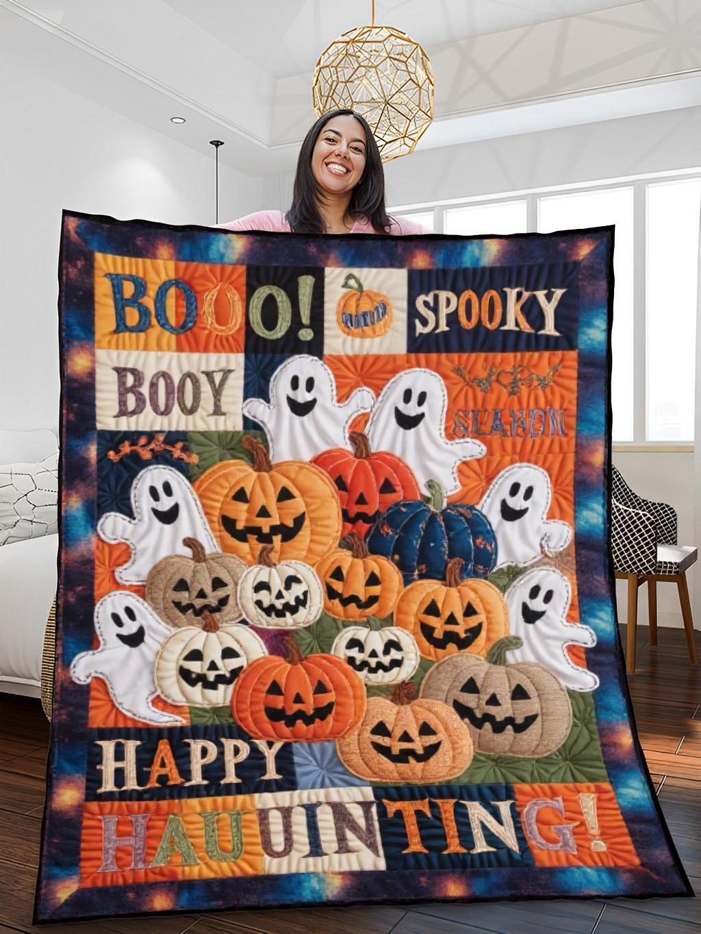 Elegant Halloween Quilted Blanket – Spooky Pumpkin Patch, Whimsical Ghosts, and Bold Spooky Text Elements Perfect For Home, Living Room, Fireplace, And Bedroom Decor — Ideal For Indoor Decoration, Gift Ideas And Crafts, Cozy, Elegant, Classy, Chic, Cute, Unique, And Aesthetic Halloween Throw Blanket