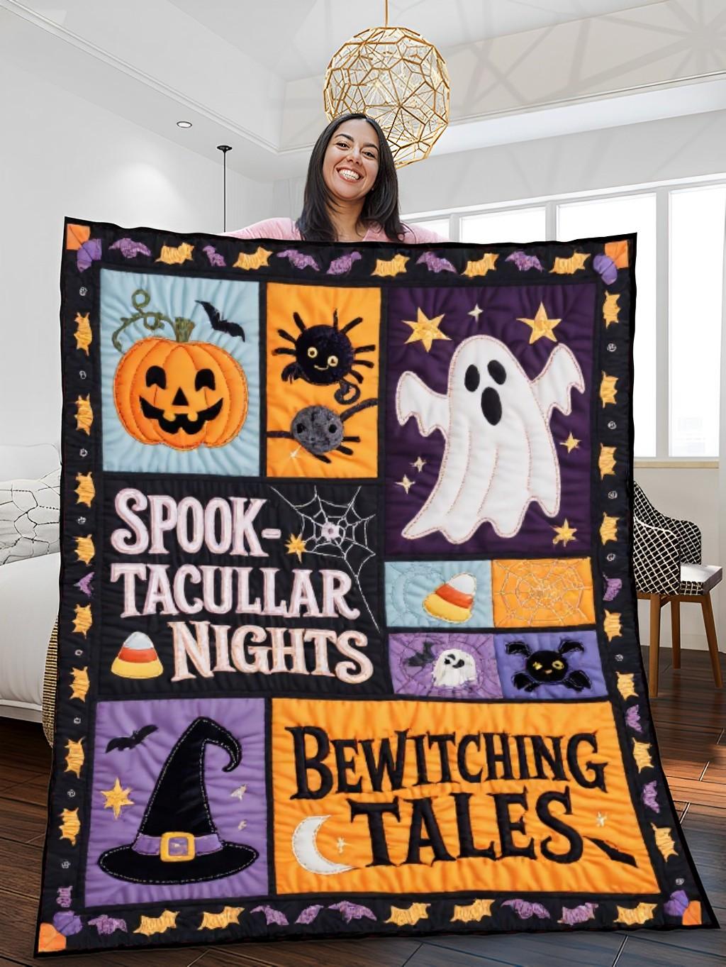 Elegant Halloween Quilted Blanket – Spooky Silhouettes, Pumpkins, and Ghostly Whispers with Oversized Stitched Text – Perfect For Home, Living Room, Fireplace, And Bedroom Decor — Ideal For Indoor Decoration, Gift Ideas And Crafts, Cozy, Elegant, Classy, Chic, Cute, Unique, And Aesthetic Halloween Throw Blanket