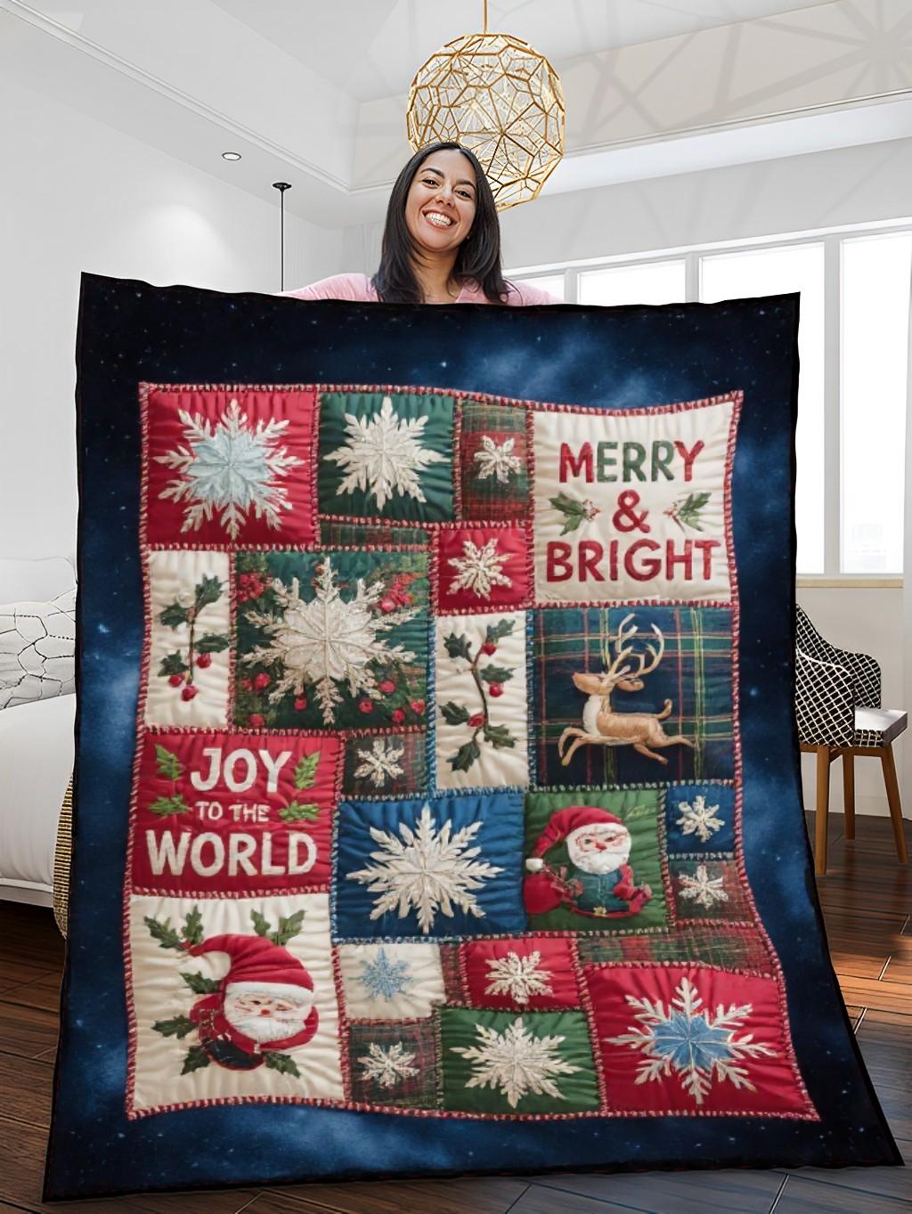 Elegant Christmas Quilted Blanket – Enchanting Snowflakes, Whimsical Santa, Festive Trees, and Joyful Colors with Oversized Text Perfect For Home, Living Room, Fireplace, And Bedroom Decor — Ideal For Indoor Decoration, Gift Ideas And Crafts, Cozy, Elegant, Classy, Chic, Cute, Unique, And Aesthetic Christmas Throw Blanket