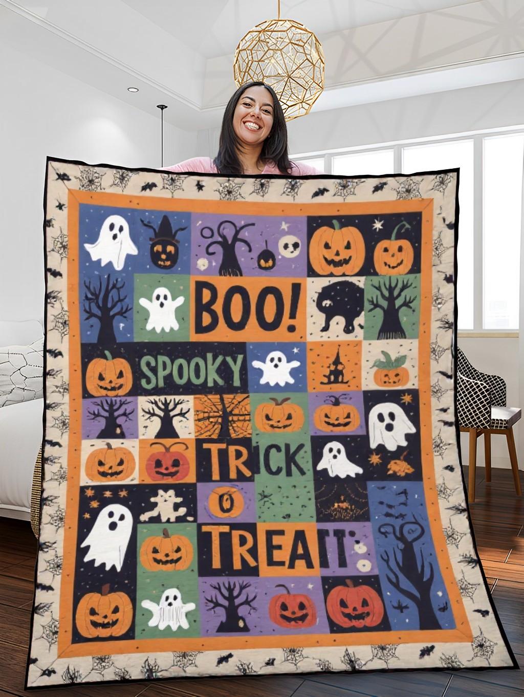 Elegant Halloween Quilted Blanket – Spooky Night Sky, Whimsical Pumpkins, and Playful Ghosts with Bold Stitched Text Perfect For Home, Living Room, Fireplace, And Bedroom Decor — Ideal For Indoor Decoration, Gift Ideas And Crafts, Cozy, Elegant, Classy, Chic, Cute, Unique, And Aesthetic Halloween Throw Blanket
