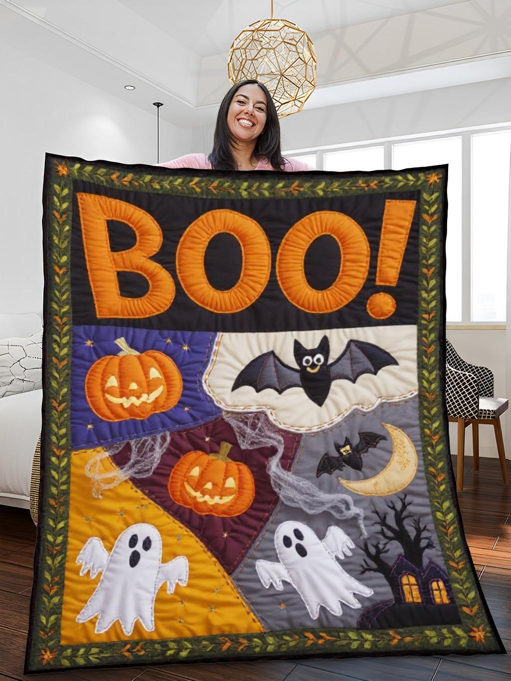 Elegant Halloween Quilted Blanket – Spooky Ghosts, Pumpkins, and Whimsical Bats with Oversized Stitched Boo Text – Perfect For Home, Living Room, Fireplace, And Bedroom Decor — Ideal For Indoor Decoration, Gift Ideas And Crafts, Cozy, Elegant, Classy, Chic, Cute, Unique, And Aesthetic Halloween Throw Blanket