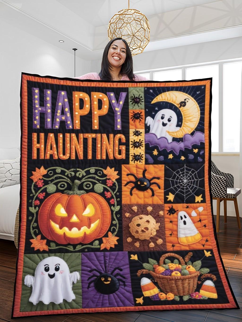 Elegant Halloween Quilted Blanket – Spooky Pumpkins, Whimsical Ghosts, And A Moonlit Night Sky Design With Bold Stitched Text – Perfect For Home, Living Room, Fireplace, And Bedroom Decor — Ideal For Indoor Decoration, Gift Ideas And Crafts, Cozy, Elegant, Classy, Chic, Cute, Unique, And Aesthetic Halloween Throw Blanket