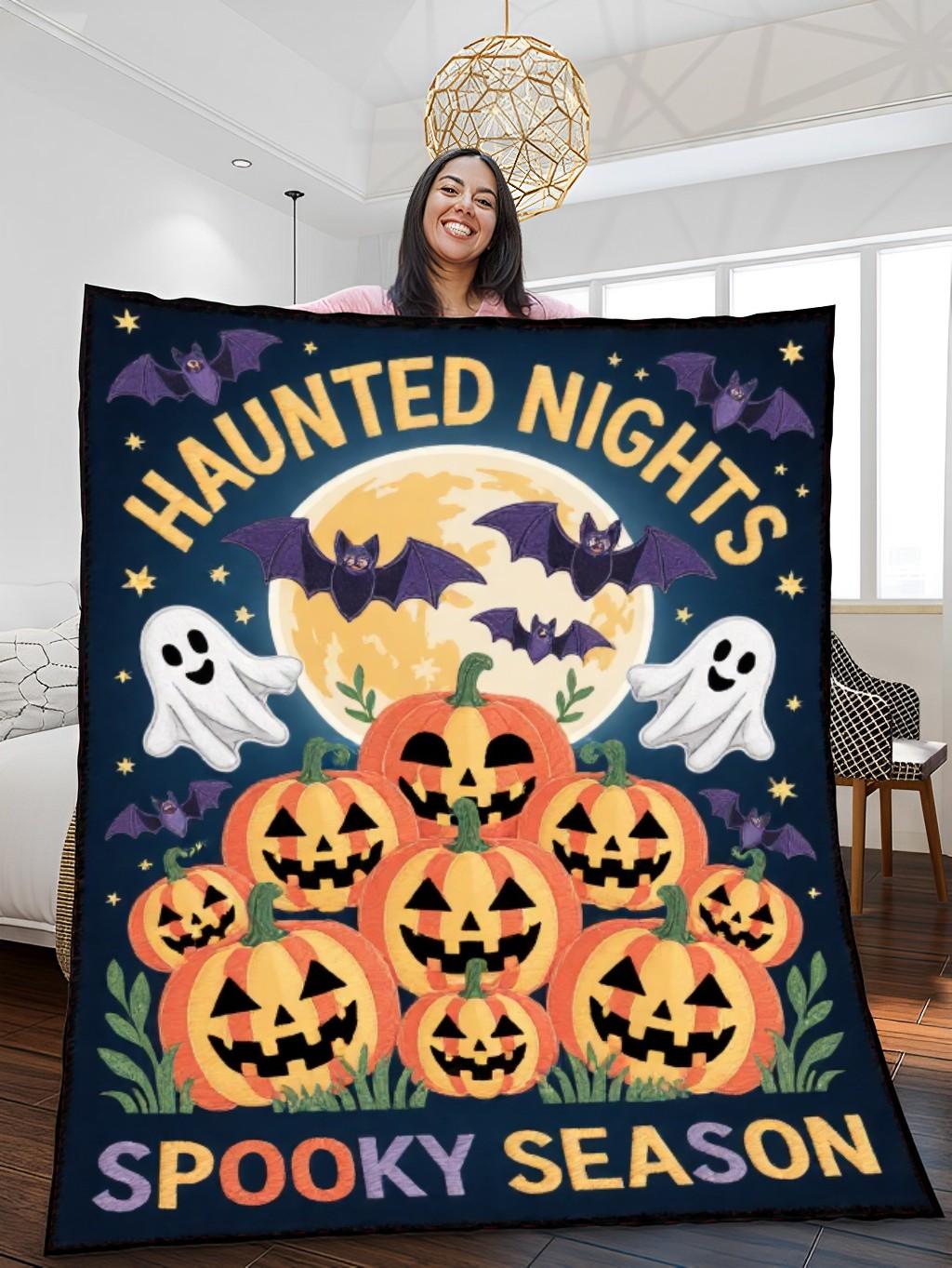 Elegant Halloween Quilted Blanket – Spooky Moonlit Night, Whimsical Pumpkins, Eerie Ghosts, and Vibrant Bats – Perfect For Home, Living Room, Fireplace, And Bedroom Decor — Ideal For Indoor Decoration, Gift Ideas And Crafts, Cozy, Elegant, Classy, Chic, Cute, Unique, And Aesthetic Halloween Throw Blanket