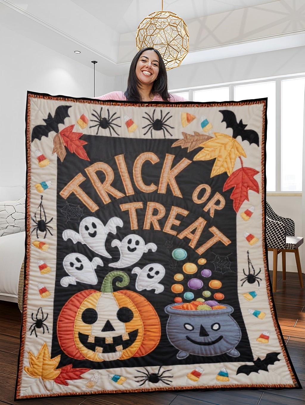 Elegant Halloween Quilted Blanket – Spooky Pumpkins, Ghostly Whispers, and Witchy Cauldrons with Oversized Stitched Text – Perfect For Home, Living Room, Fireplace, And Bedroom Decor — Ideal For Indoor Decoration, Gift Ideas And Crafts, Cozy, Elegant, Classy, Chic, Cute, Unique, And Aesthetic Halloween Throw Blanket