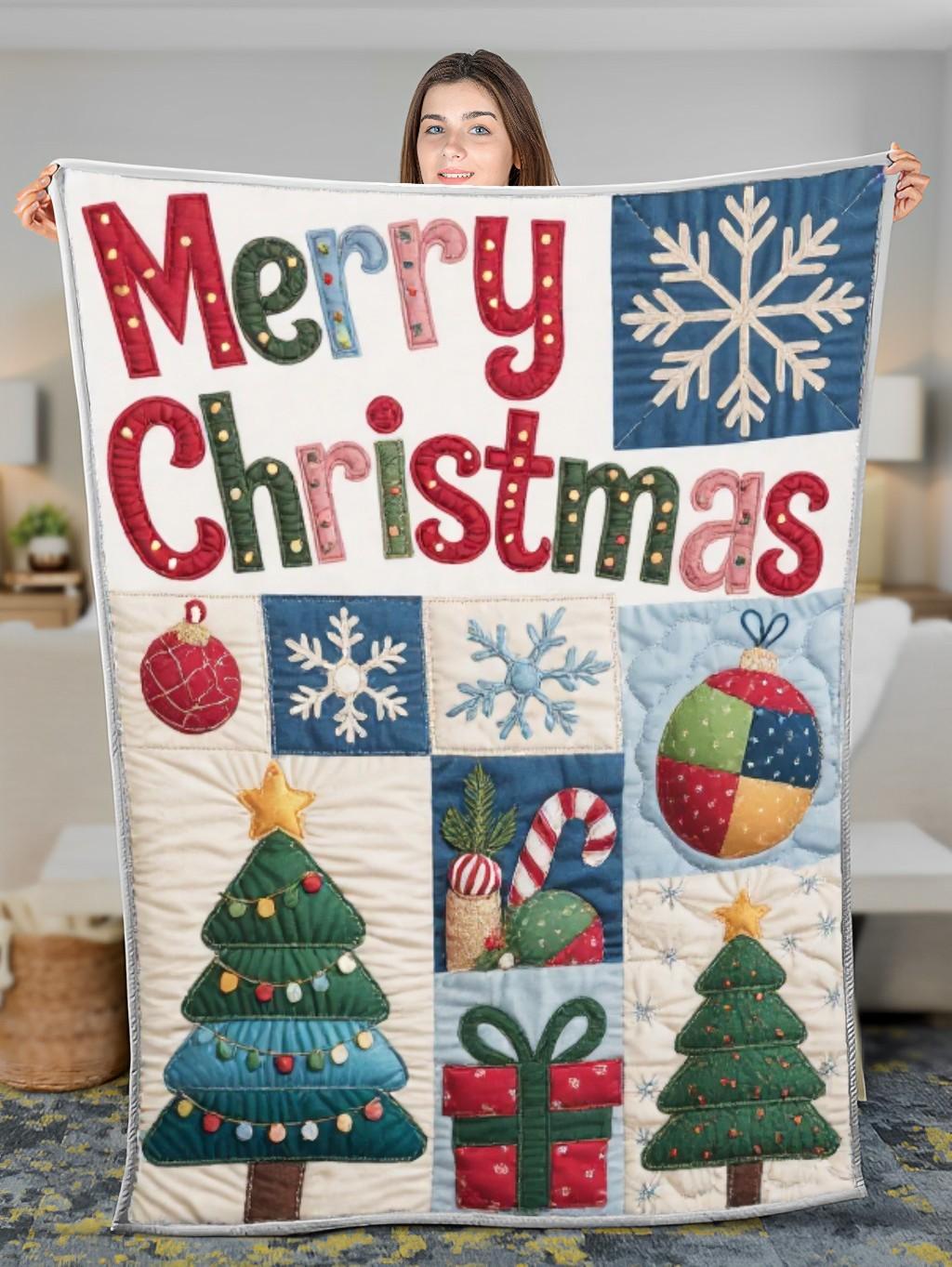 Elegant Christmas Quilted Blanket – Cozy Snowflakes, Festive Ornaments, Oversized Merry Christmas Text, Patchwork Trees, and Candy Canes — Perfect For Home, Living Room, Fireplace, And Bedroom Decor — Ideal For Indoor Decoration, Gift Ideas And Crafts, Cozy, Elegant, Classy, Chic, Cute, Unique, And Aesthetic Christmas Throw Blanket - Image 3