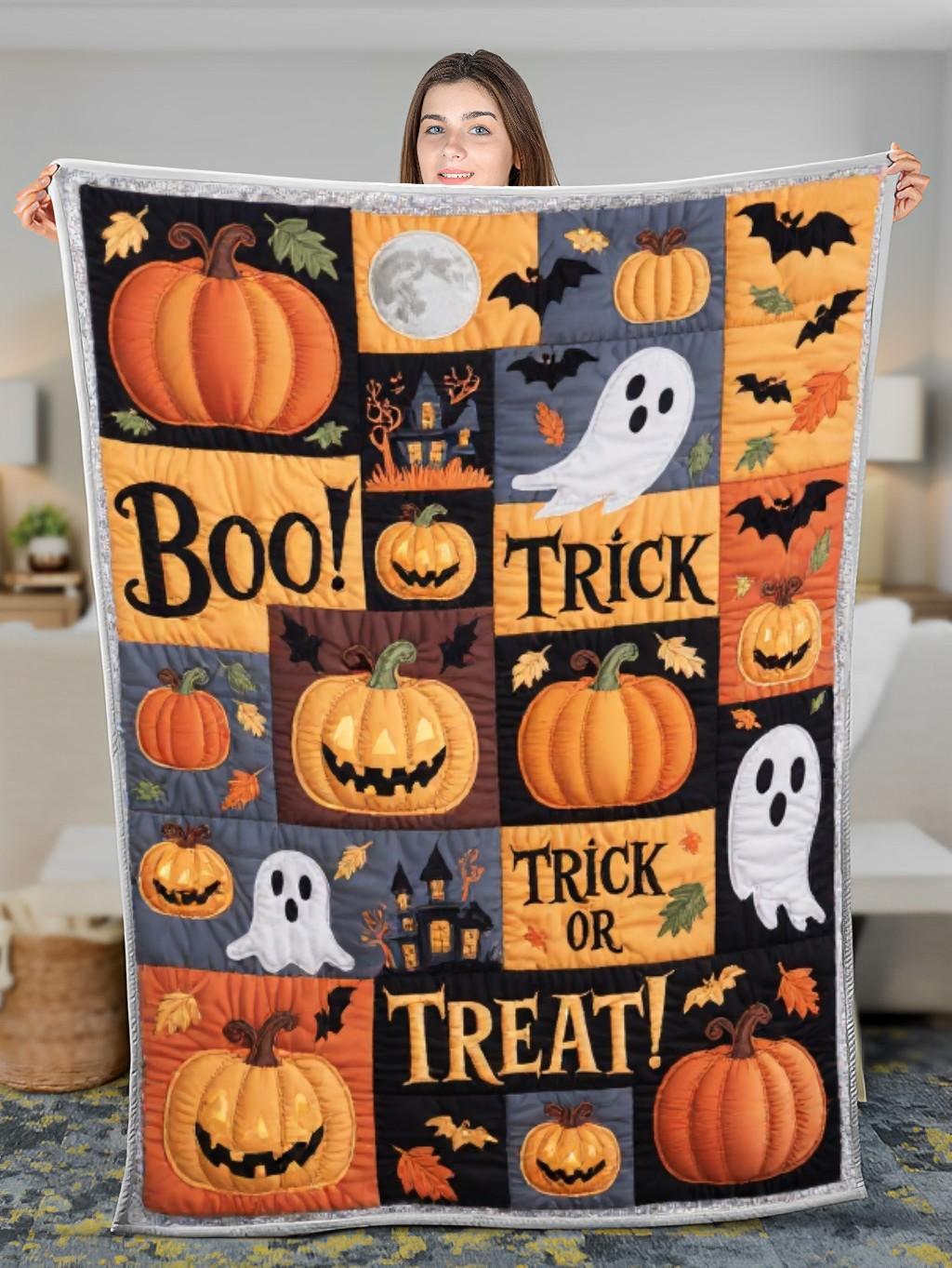 Elegant Halloween Quilted Blanket – Spooky Ghosts, Vibrant Pumpkins, and Bewitched Bats with Oversized Stitched Text — Perfect For Home, Living Room, Fireplace, And Bedroom Decor — Ideal For Indoor Decoration, Gift Ideas And Crafts, Cozy, Elegant, Classy, Chic, Cute, Unique, And Aesthetic Halloween Throw Blanket - Image 3