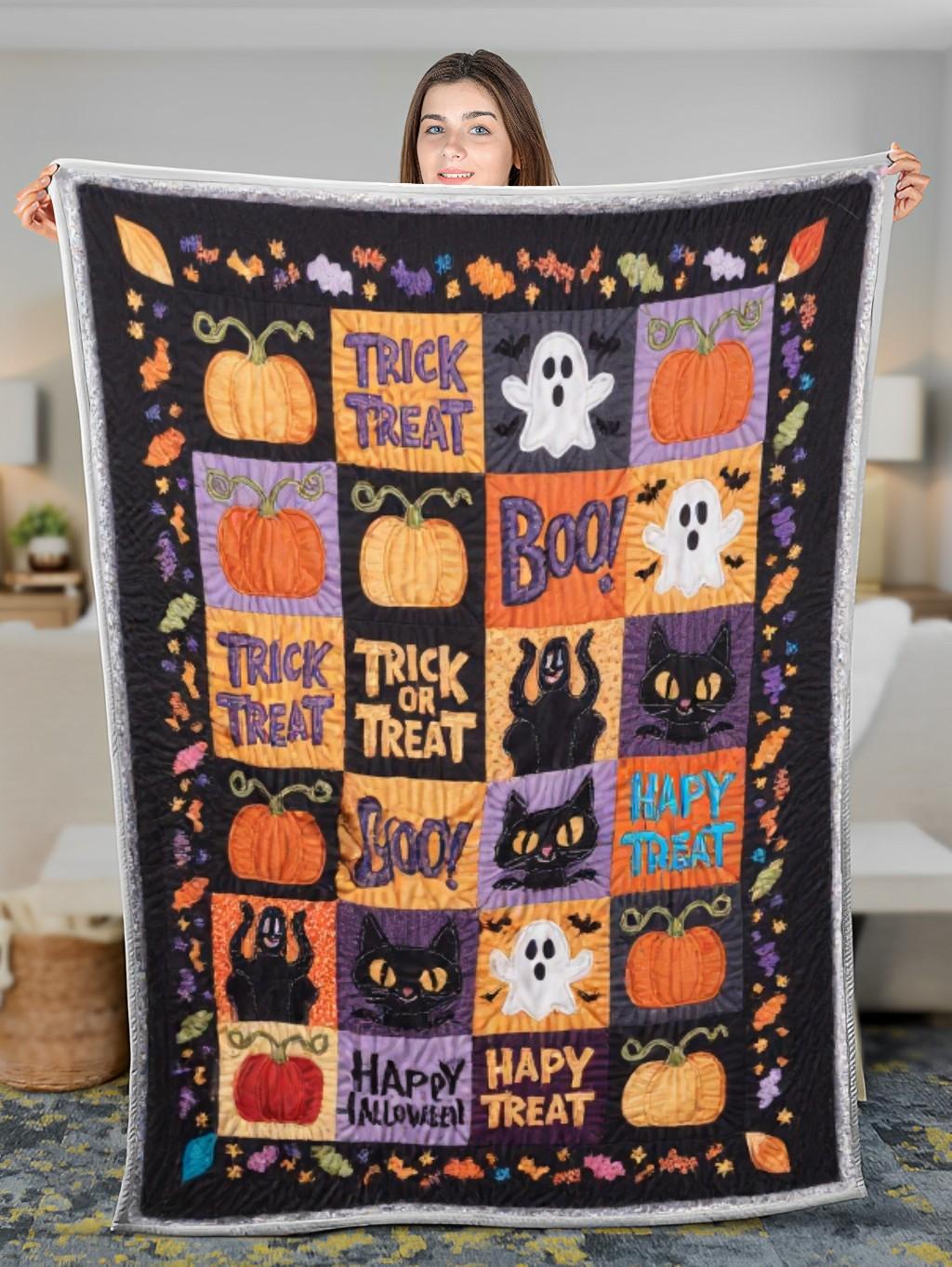 Elegant Halloween Quilted Blanket – Whimsical Pumpkins, Spooky Ghosts, and Bold 'Trick or Treat' Text Design Perfect For Home, Living Room, Fireplace, And Bedroom Decor — Ideal For Indoor Decoration, Gift Ideas And Crafts, Cozy, Elegant, Classy, Chic, Cute, Unique, And Aesthetic Halloween Throw Blanket - Image 3