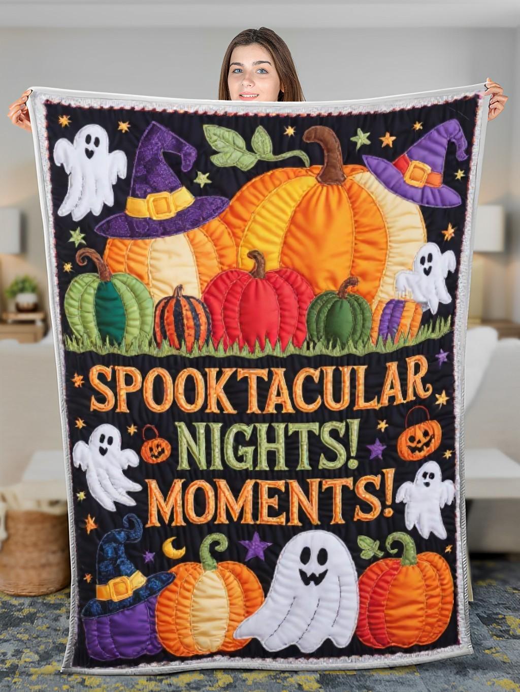 Elegant Halloween Quilted Blanket – Whimsical Witch Hats, Playful Pumpkins, and Ghostly Greetings with Bold Stitched Text – Perfect For Home, Living Room, Fireplace, And Bedroom Decor — Ideal For Indoor Decoration, Gift Ideas And Crafts, Cozy, Elegant, Classy, Chic, Cute, Unique, And Aesthetic Halloween Throw Blanket - Image 3