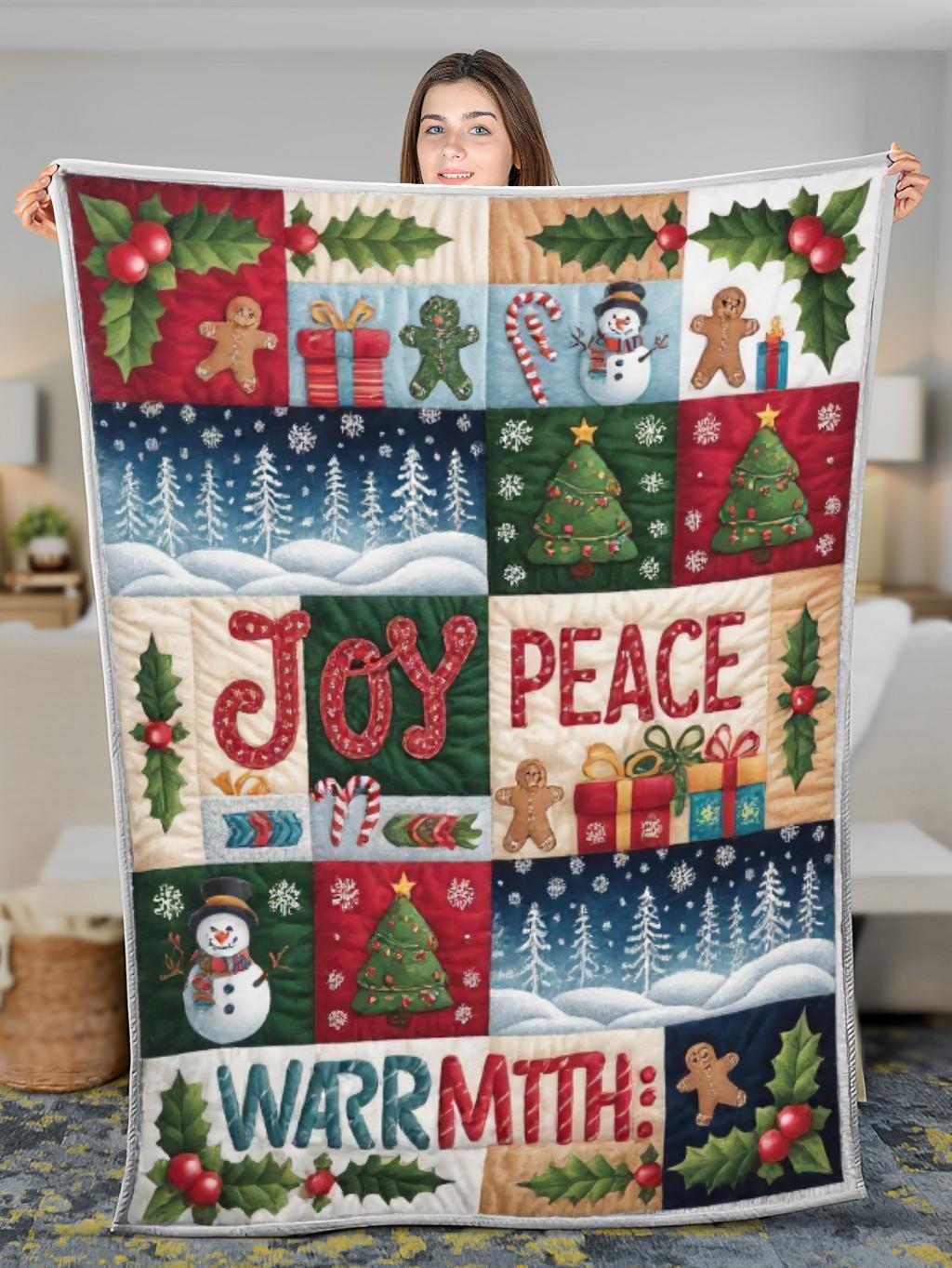 Elegant Christmas Quilted Blanket – Cozy Winter Wonderland with Oversized Stitched Text, Festive Ornaments, Holiday Trees, and Snowflakes Perfect For Home, Living Room, Fireplace, And Bedroom Decor — Ideal For Indoor Decoration, Gift Ideas And Crafts, Cozy, Elegant, Classy, Chic, Cute, Unique, And Aesthetic Christmas Throw Blanket - Image 3