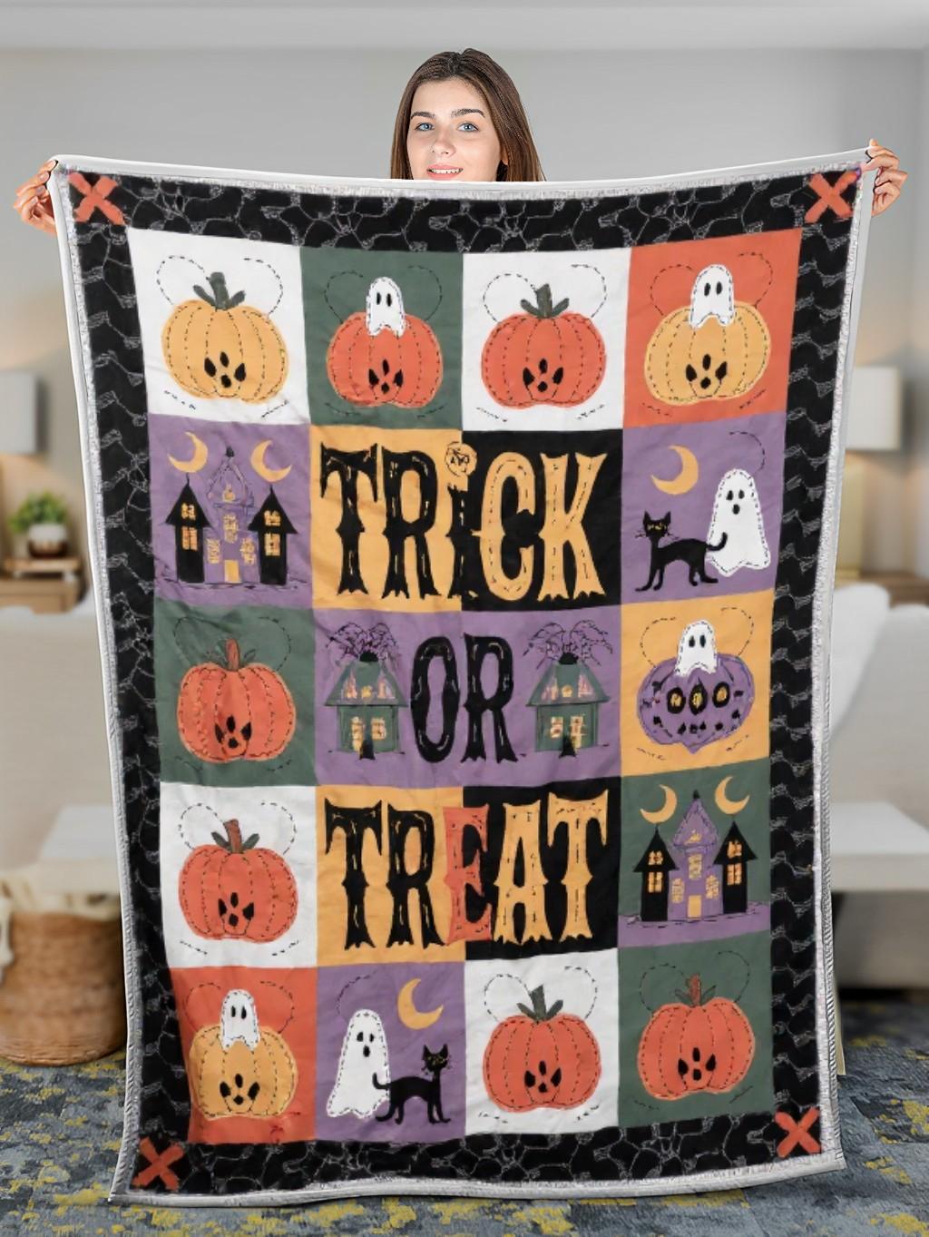 Elegant Halloween Quilted Blanket – Whimsical Ghosts, Exuberant Pumpkins, Spooky Black Cats, and Oversized 'Trick or Treat' Appliqué Design – Perfect For Home, Living Room, Fireplace, And Bedroom Decor — Ideal For Indoor Decoration, Gift Ideas And Crafts, Cozy, Elegant, Classy, Chic, Cute, Unique, And Aesthetic Halloween Throw Blanket - Image 3