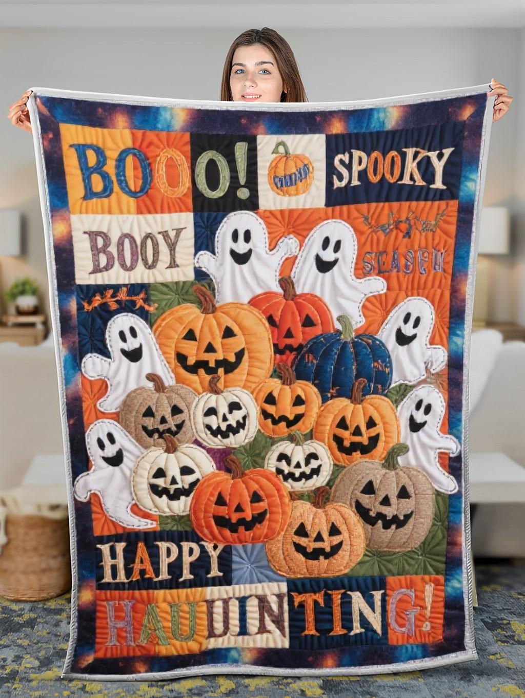 Elegant Halloween Quilted Blanket – Spooky Pumpkin Patch, Whimsical Ghosts, and Bold Spooky Text Elements Perfect For Home, Living Room, Fireplace, And Bedroom Decor — Ideal For Indoor Decoration, Gift Ideas And Crafts, Cozy, Elegant, Classy, Chic, Cute, Unique, And Aesthetic Halloween Throw Blanket - Image 3