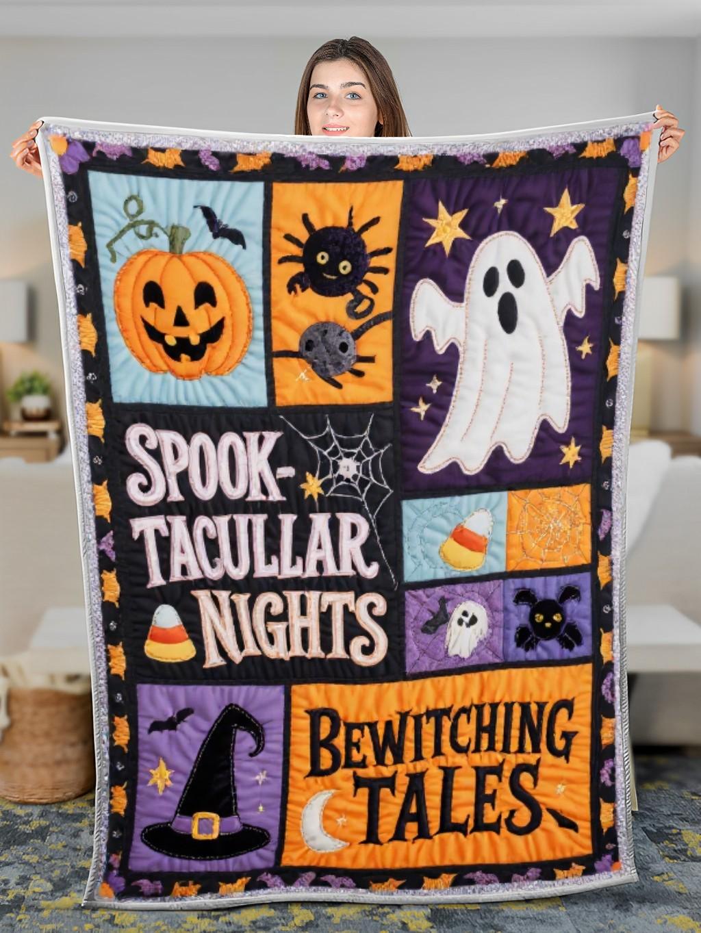 Elegant Halloween Quilted Blanket – Spooky Silhouettes, Pumpkins, and Ghostly Whispers with Oversized Stitched Text – Perfect For Home, Living Room, Fireplace, And Bedroom Decor — Ideal For Indoor Decoration, Gift Ideas And Crafts, Cozy, Elegant, Classy, Chic, Cute, Unique, And Aesthetic Halloween Throw Blanket - Image 3