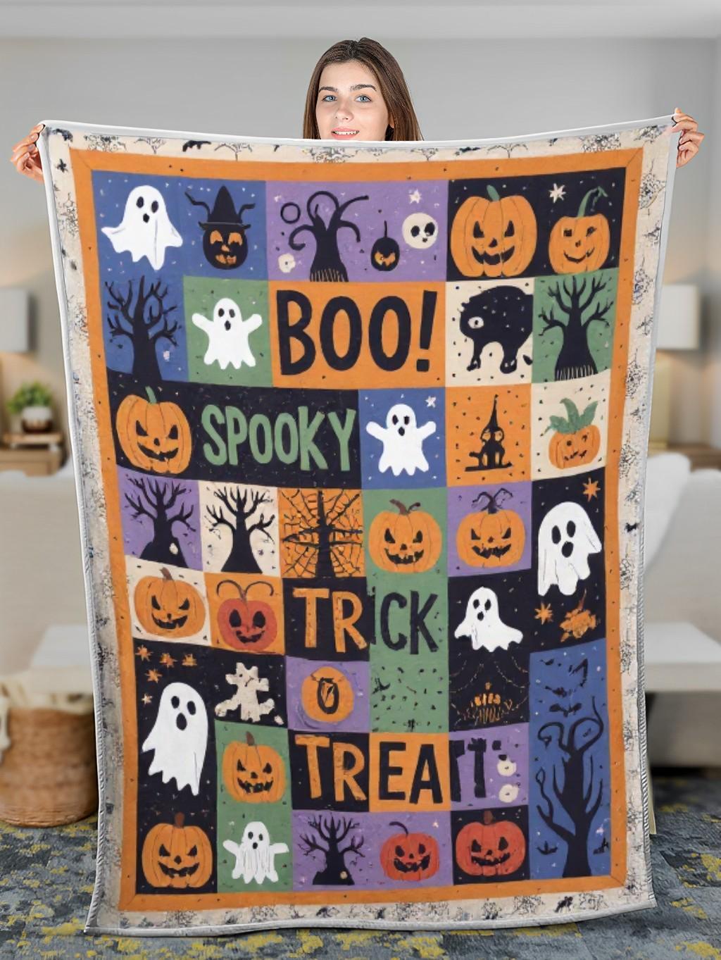 Elegant Halloween Quilted Blanket – Spooky Night Sky, Whimsical Pumpkins, and Playful Ghosts with Bold Stitched Text Perfect For Home, Living Room, Fireplace, And Bedroom Decor — Ideal For Indoor Decoration, Gift Ideas And Crafts, Cozy, Elegant, Classy, Chic, Cute, Unique, And Aesthetic Halloween Throw Blanket - Image 3