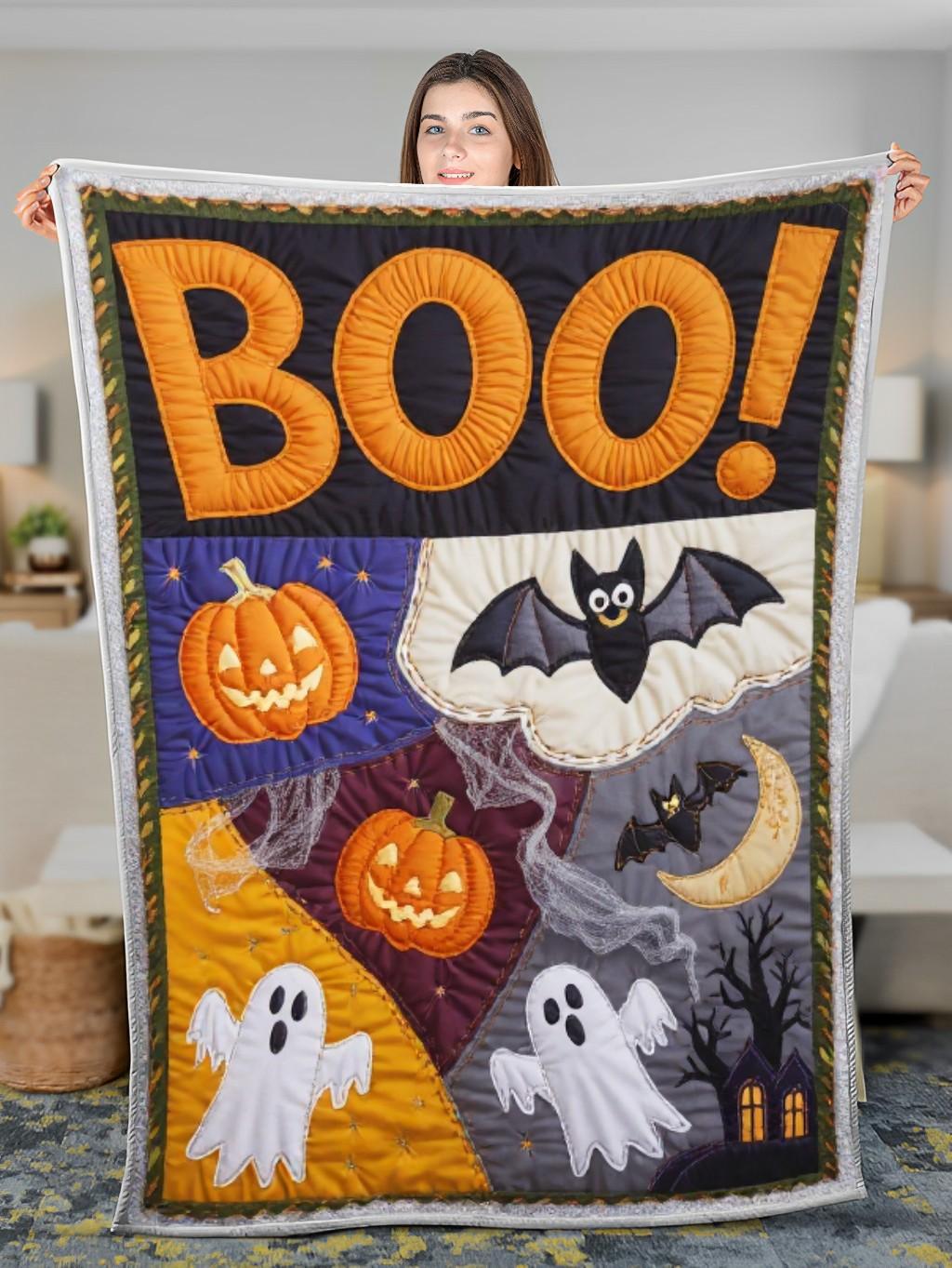 Elegant Halloween Quilted Blanket – Spooky Ghosts, Pumpkins, and Whimsical Bats with Oversized Stitched Boo Text – Perfect For Home, Living Room, Fireplace, And Bedroom Decor — Ideal For Indoor Decoration, Gift Ideas And Crafts, Cozy, Elegant, Classy, Chic, Cute, Unique, And Aesthetic Halloween Throw Blanket - Image 3