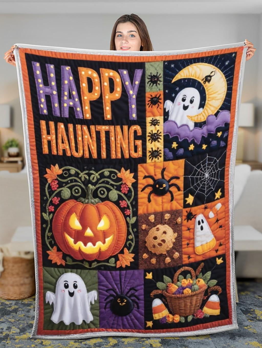 Elegant Halloween Quilted Blanket – Spooky Pumpkins, Whimsical Ghosts, And A Moonlit Night Sky Design With Bold Stitched Text – Perfect For Home, Living Room, Fireplace, And Bedroom Decor — Ideal For Indoor Decoration, Gift Ideas And Crafts, Cozy, Elegant, Classy, Chic, Cute, Unique, And Aesthetic Halloween Throw Blanket - Image 3