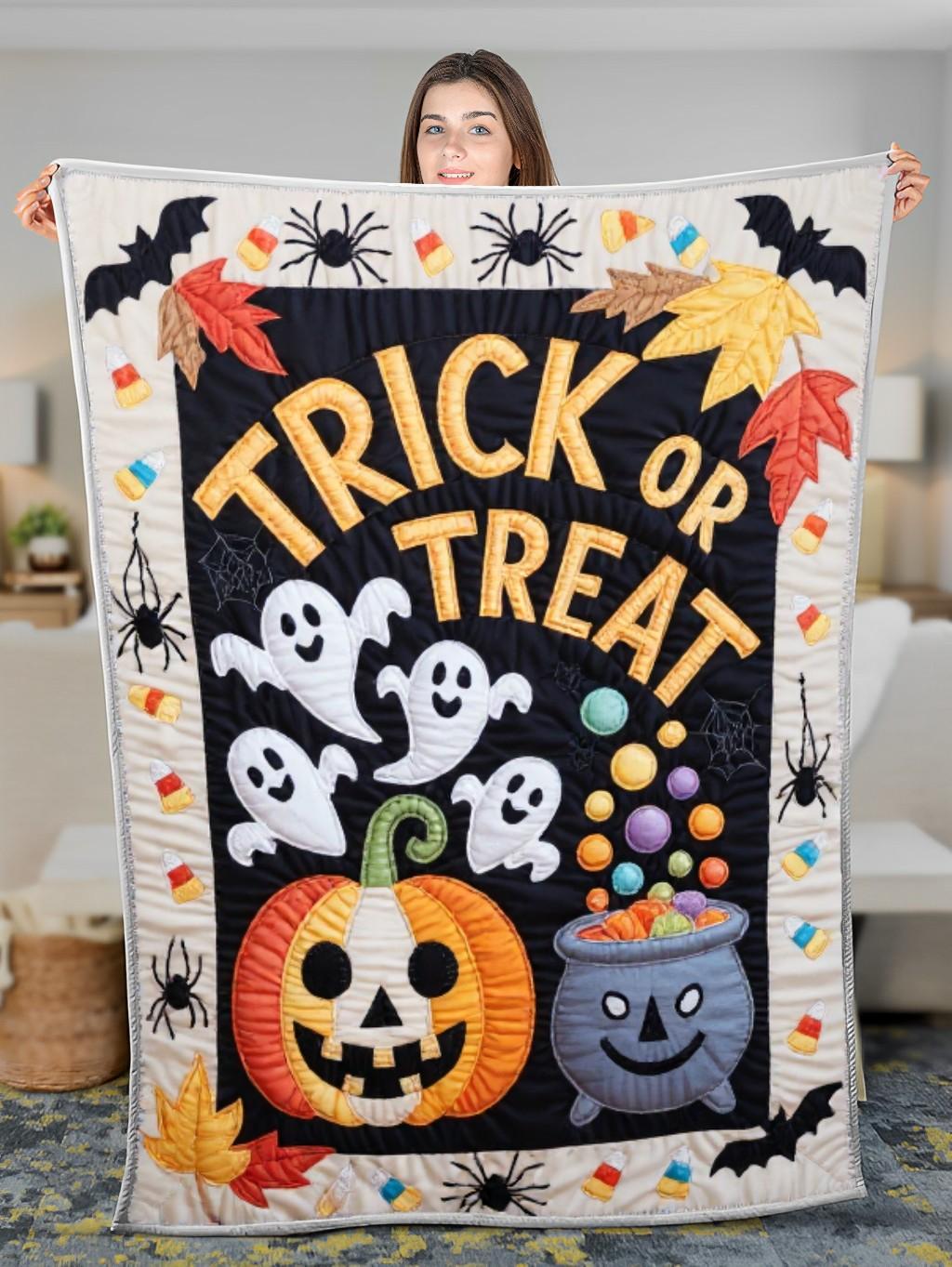 Elegant Halloween Quilted Blanket – Spooky Pumpkins, Ghostly Whispers, and Witchy Cauldrons with Oversized Stitched Text – Perfect For Home, Living Room, Fireplace, And Bedroom Decor — Ideal For Indoor Decoration, Gift Ideas And Crafts, Cozy, Elegant, Classy, Chic, Cute, Unique, And Aesthetic Halloween Throw Blanket - Image 3